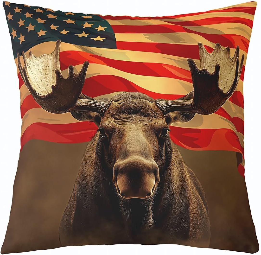 Feelyou Vintage Bear Throw Pillow Covers 16"x16" Set of 4 Soft for Kids Boys Girls Cabin Deer Hunting Decor Pillowcases Farmhouse Wolf Moose Wild Animal American Flag Cushion Case Bedroom Decor