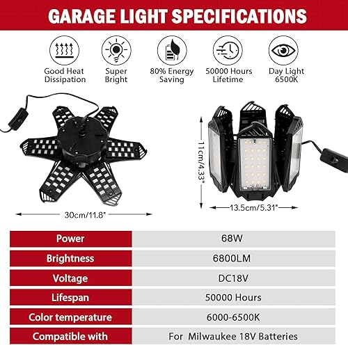 Miniatura 2 de LIVOWALNY Luz de trabajo LED compatible con batería Milwaukee de 18 V, 68 W 6800 lm luces LED de inundación de garaje con 6+1 paneles deformables,