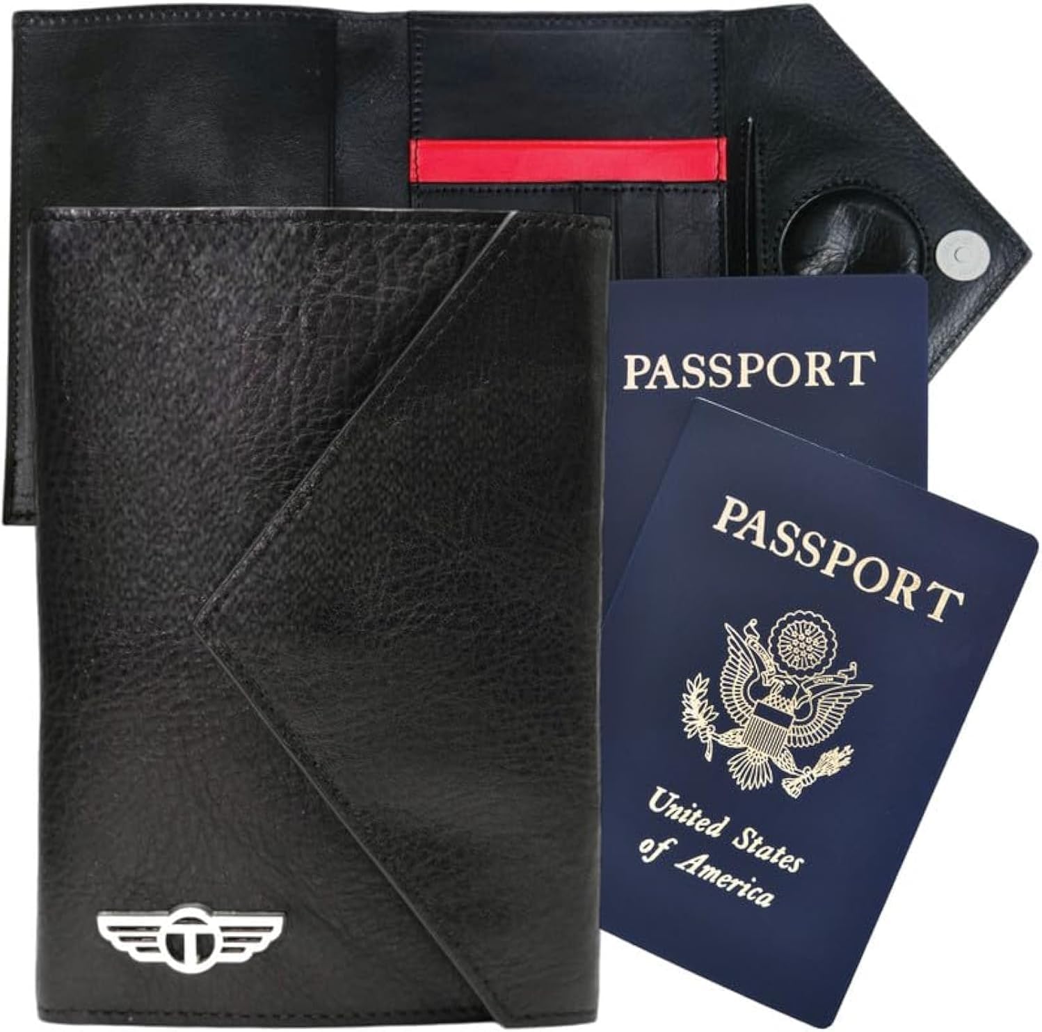 Hidden AirTag Full Grain Leather Passport Holder for Men & Women – RFID Protected Travel Wallet Passport Cover with Free Lost & Found Service (Black)