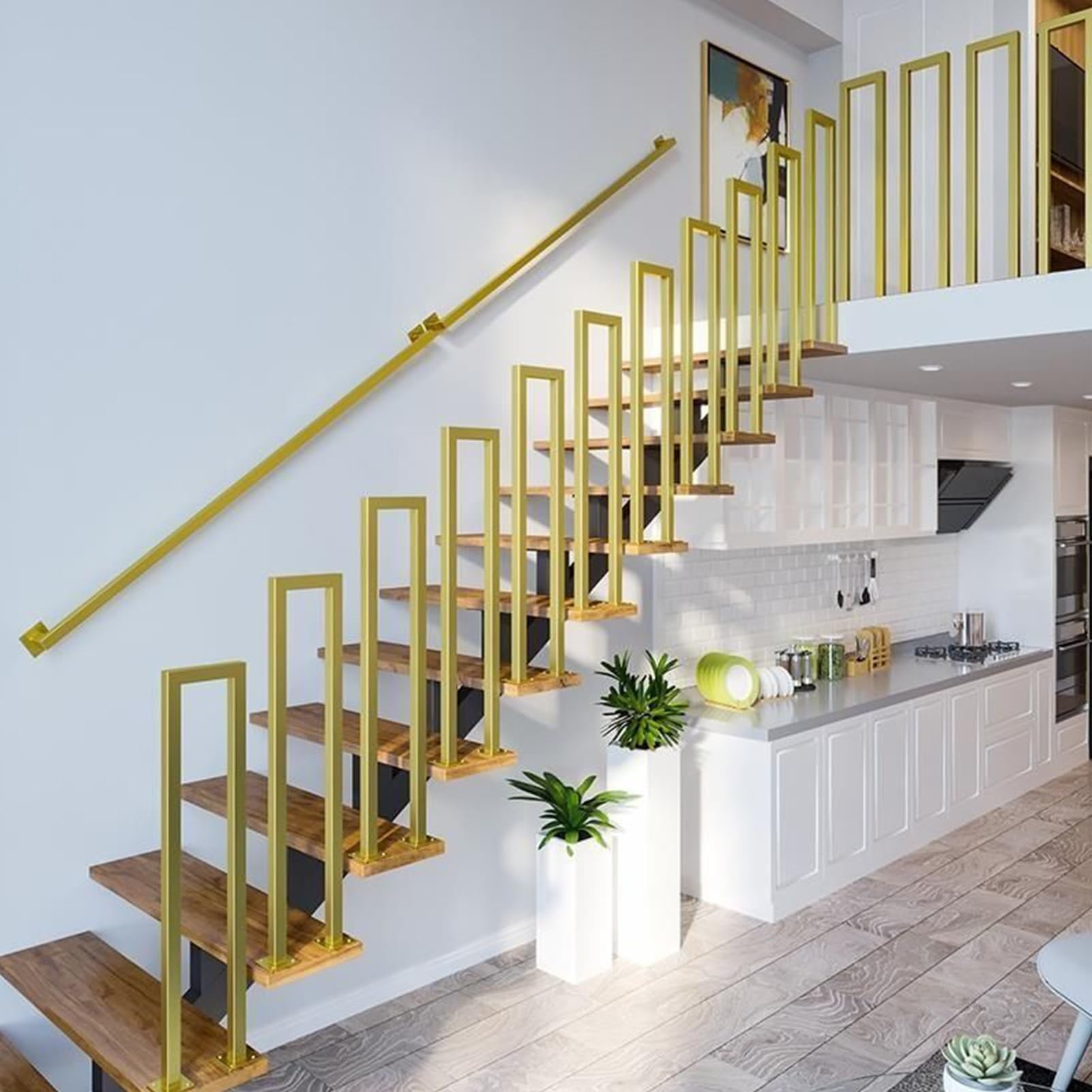 30–600 cm Handlauf für Treppen im Innen- und Außenbereich, Treppengeländer, Handläufe aus Schmiedeeisen, Sicherheitshaltegriff mit Wandhalterungen und Metallschrauben (Gold, 2,6 Fu