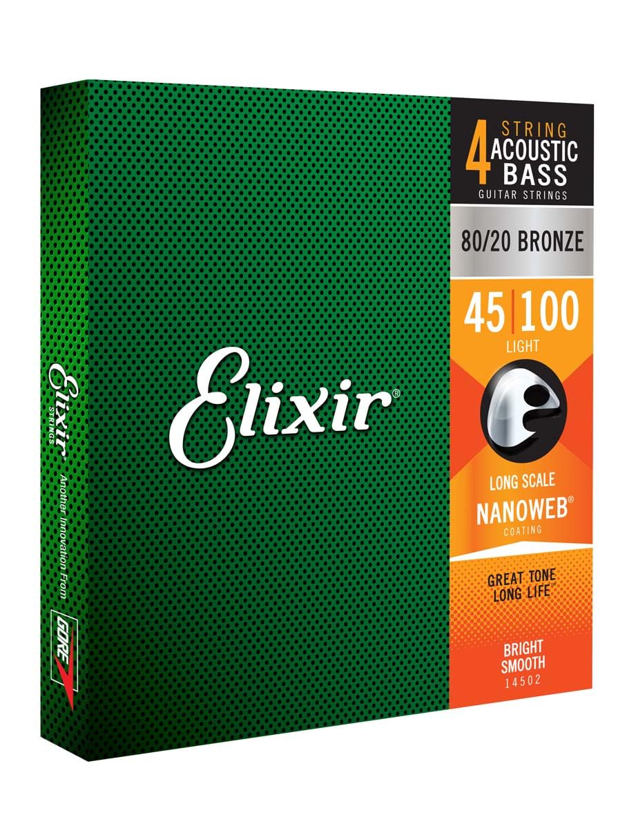 Elixir Strings, Acoustic Bass Guitar Strings, 80/20 Bronze with NANOWEB Technology, Longest-Lasting Bright Tone with Comfortable Feel, 4-String Set, Long Scale, Light 45-100