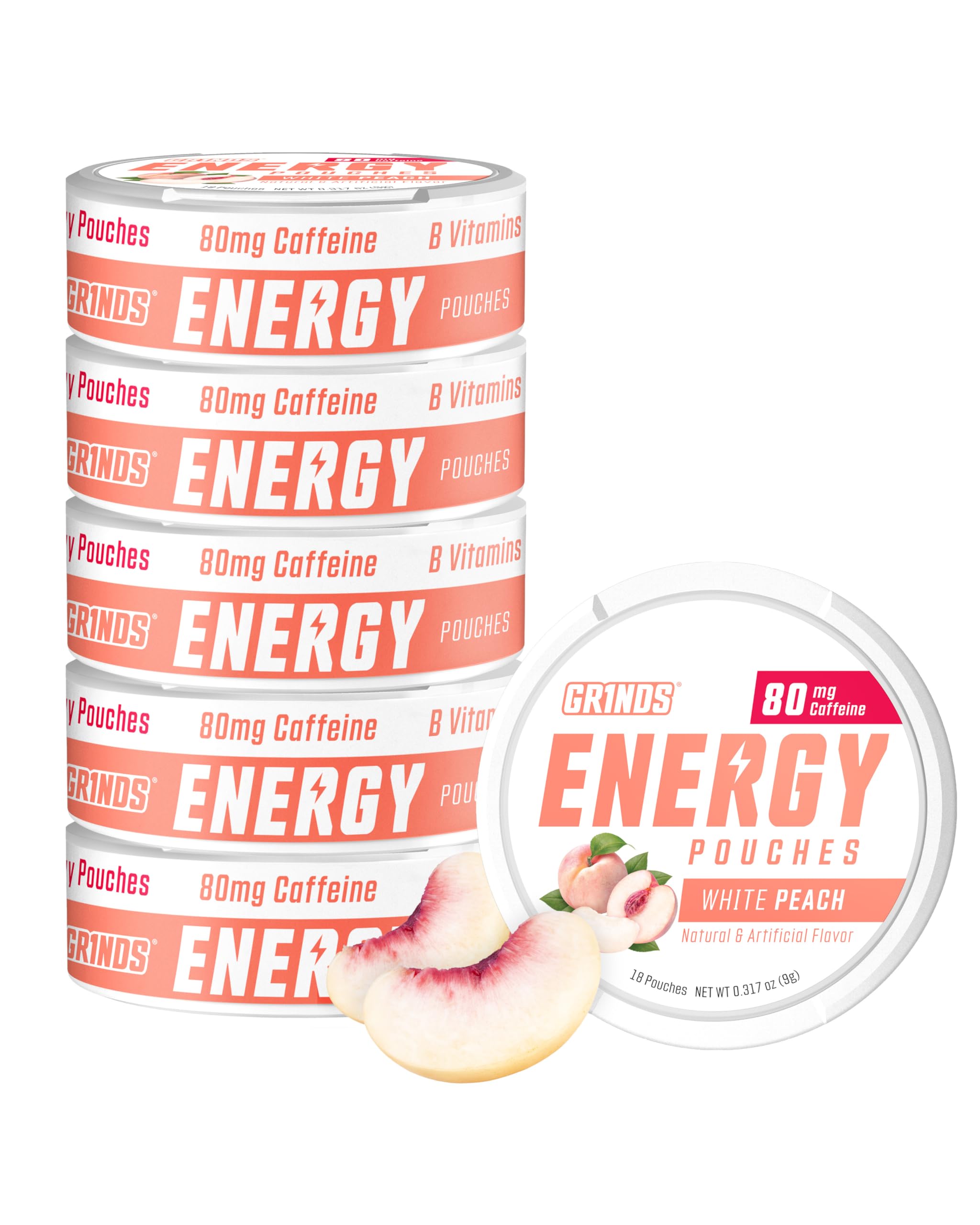 GRINDS Energy Pouches - Natural Caffeine Pouches - Contains B-Vitamins, Sugar-Free, & 0 Calories - 80mg of Caffeine in Each Pouch - White Peach - 6
