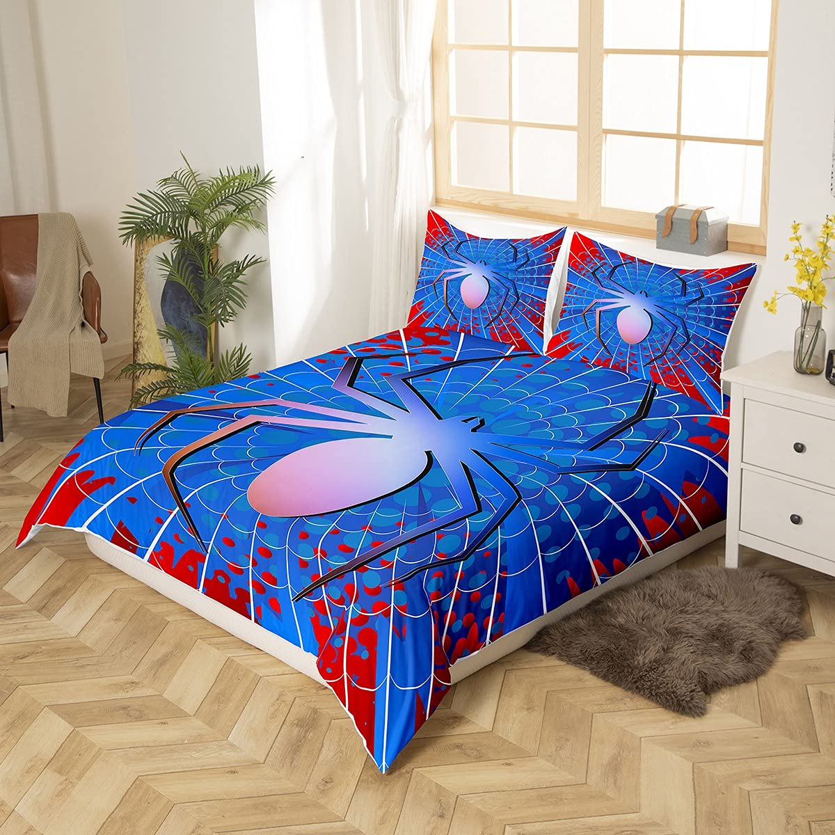 Loussiesd Juego de ropa de cama de araña para niños y niños, ropa de cama y lino azul rojo funda de edredón araña y lino Super King 3 piezas