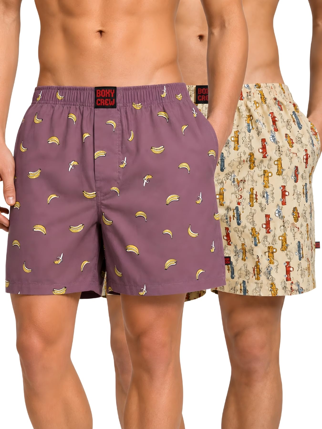 Men Boxer Shorts Pack of 2, 100% Cotton Woven Boxers, Rose Pink & Beige, Printed Designs, Dual Side Pockets, No-Marks Inner Elastic Waistband, Relaxed Fit Lounge & Sleep Shorts-image-39