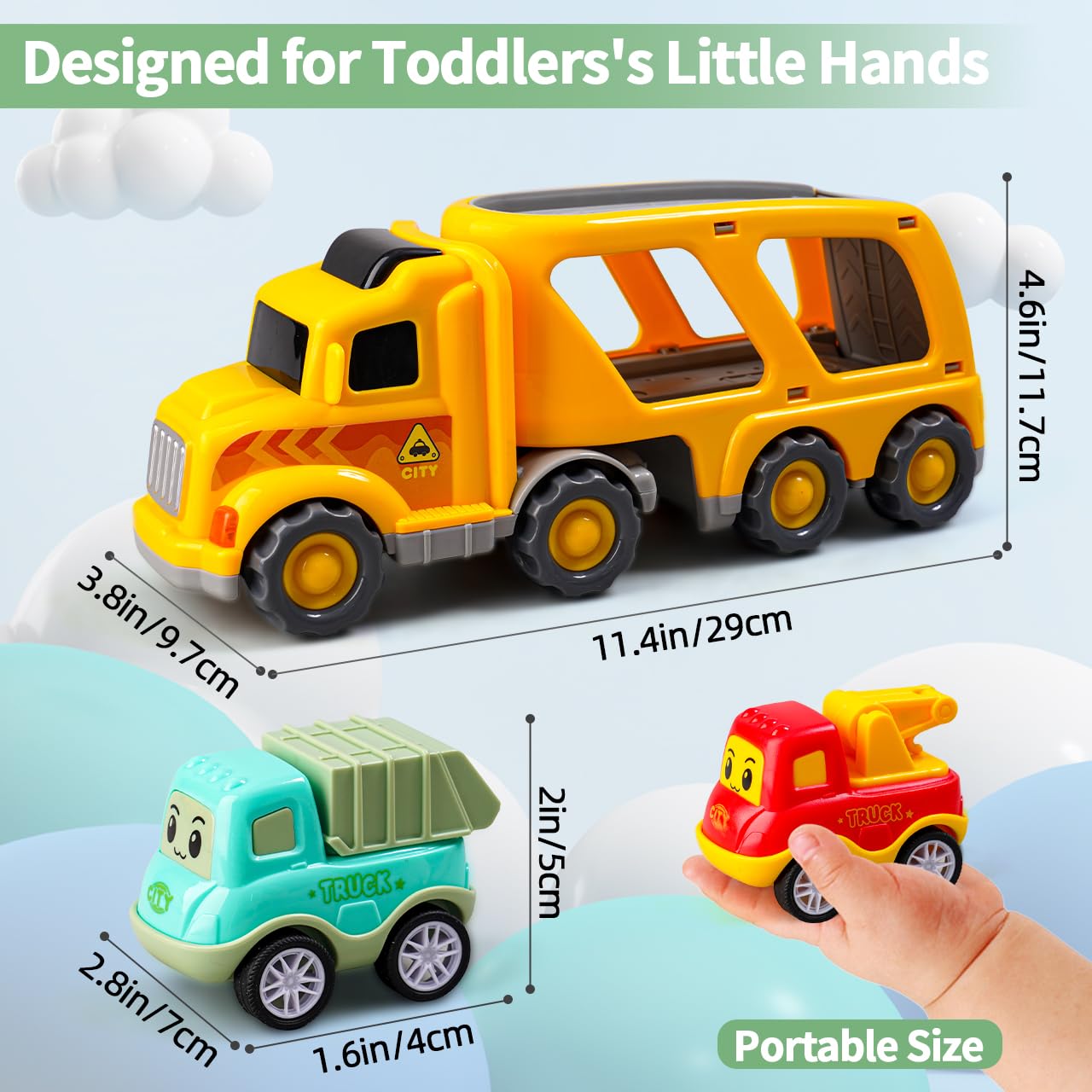 Jouets Camion 5-en-1 pour Enfants de 1 2 3 4 Ans, Transporteur à Friction avec 4 véhicules de Construction, Jeu de véhicules pour Garçons et Filles avec Lumières et Sons | 5-en-1 véhicules de Construction avec Lumières et Sons, Jouet de 1 2 3 4 Ans pour G