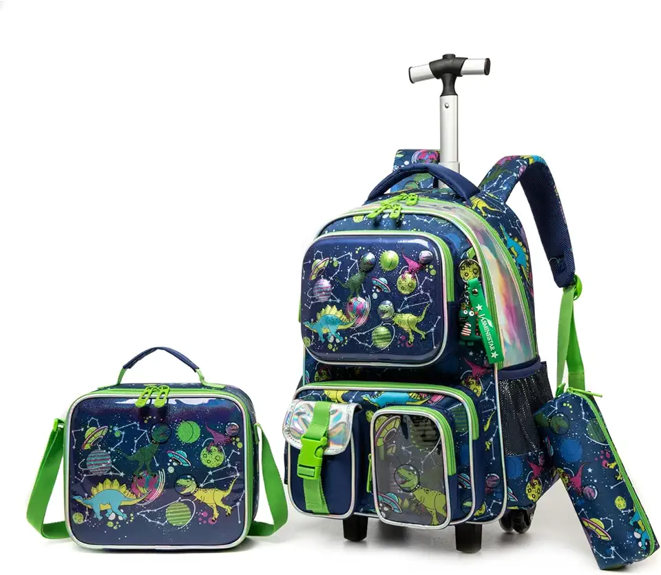 Kit Escolar Infantil com Mochila de Rodinha, Lancheira e Estojo, 3 Peças (Dinossauro Espacial)