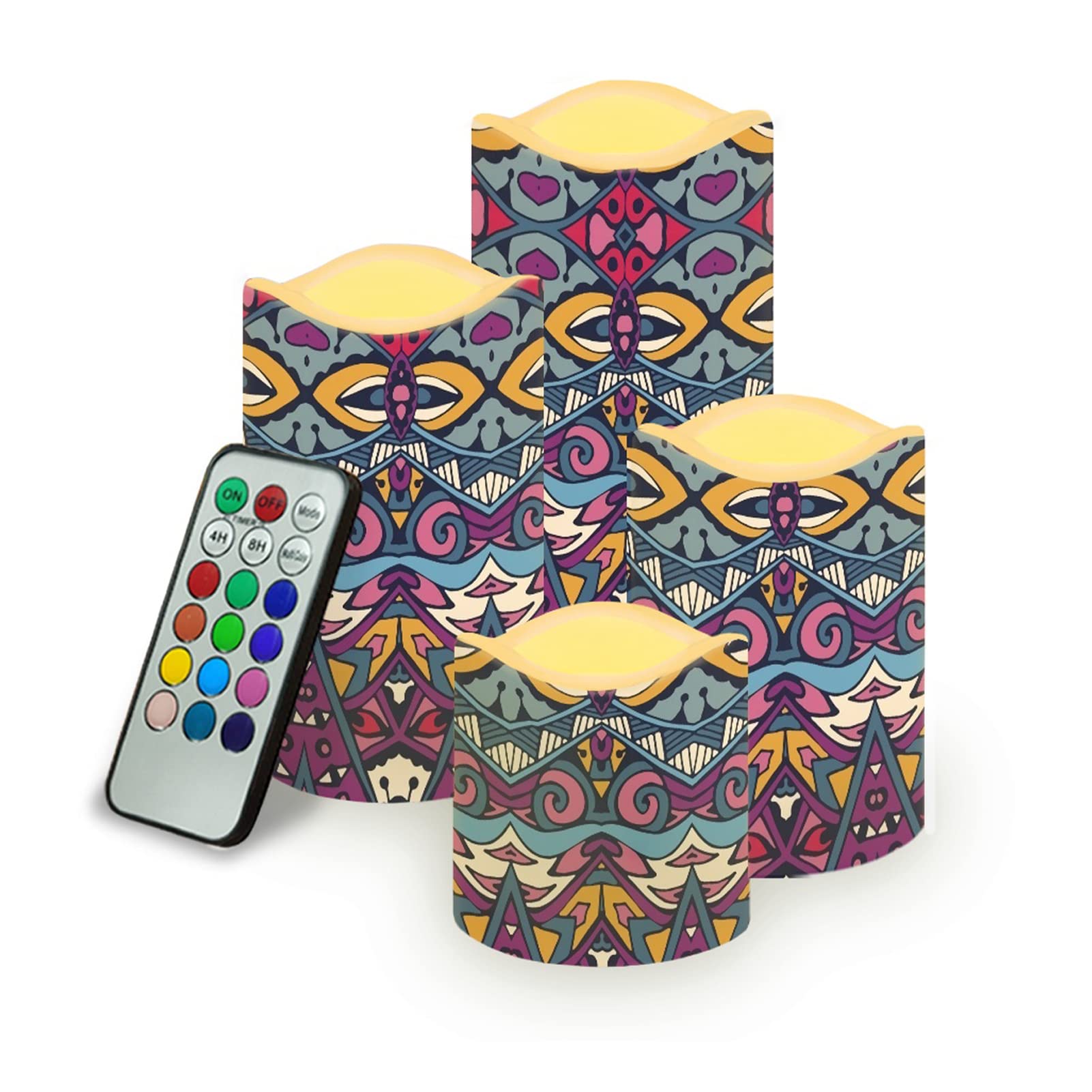 Dolyues Aztec Purple LED Candles,Ethnic Boho Flameless Candles 3" 4" 5" 6" Electric Flicker LED Tealight Fake Candles for Halloween Christmas