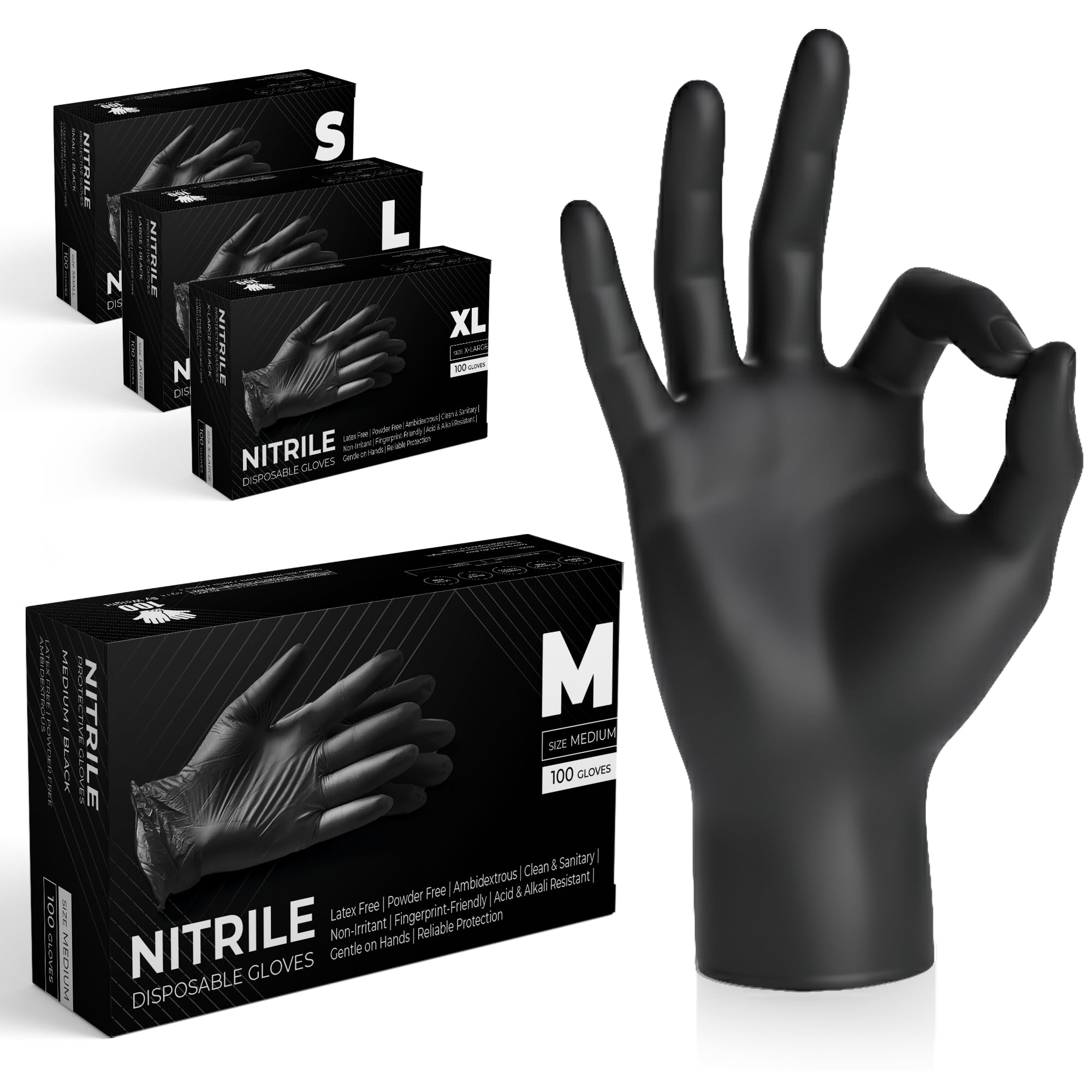 Black Nitrile Multi-Purpose Disposable Gloves, Powder Free, Disposable, Extra Strong - Box of 100 (Black, Med)