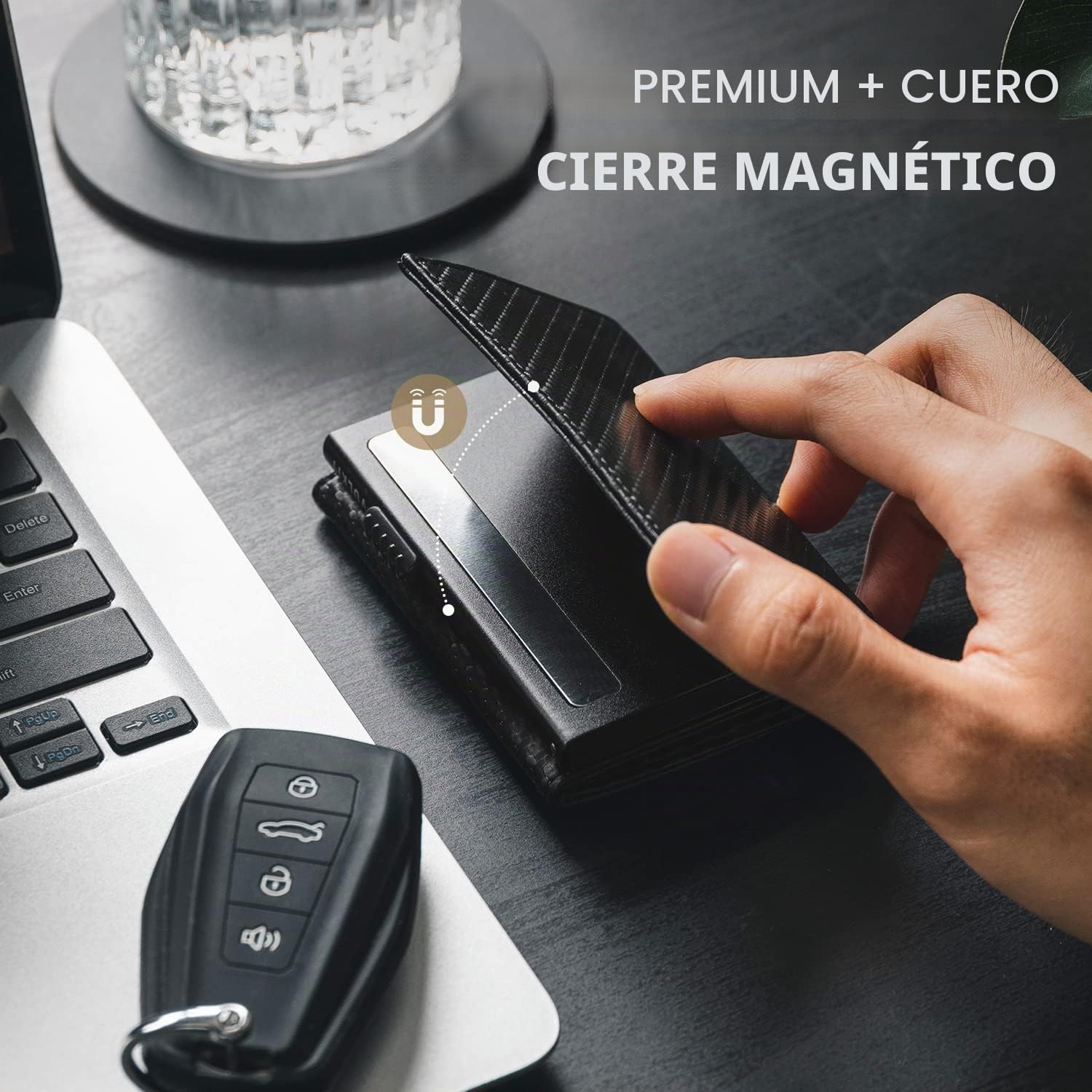 VULKIT Cartera de Tarjetas Pop-up de Cuero Con Bloqueo RFID, Compartimentos de Billetes de Larga Duración, Ventana de Identificación y Sello Magnético