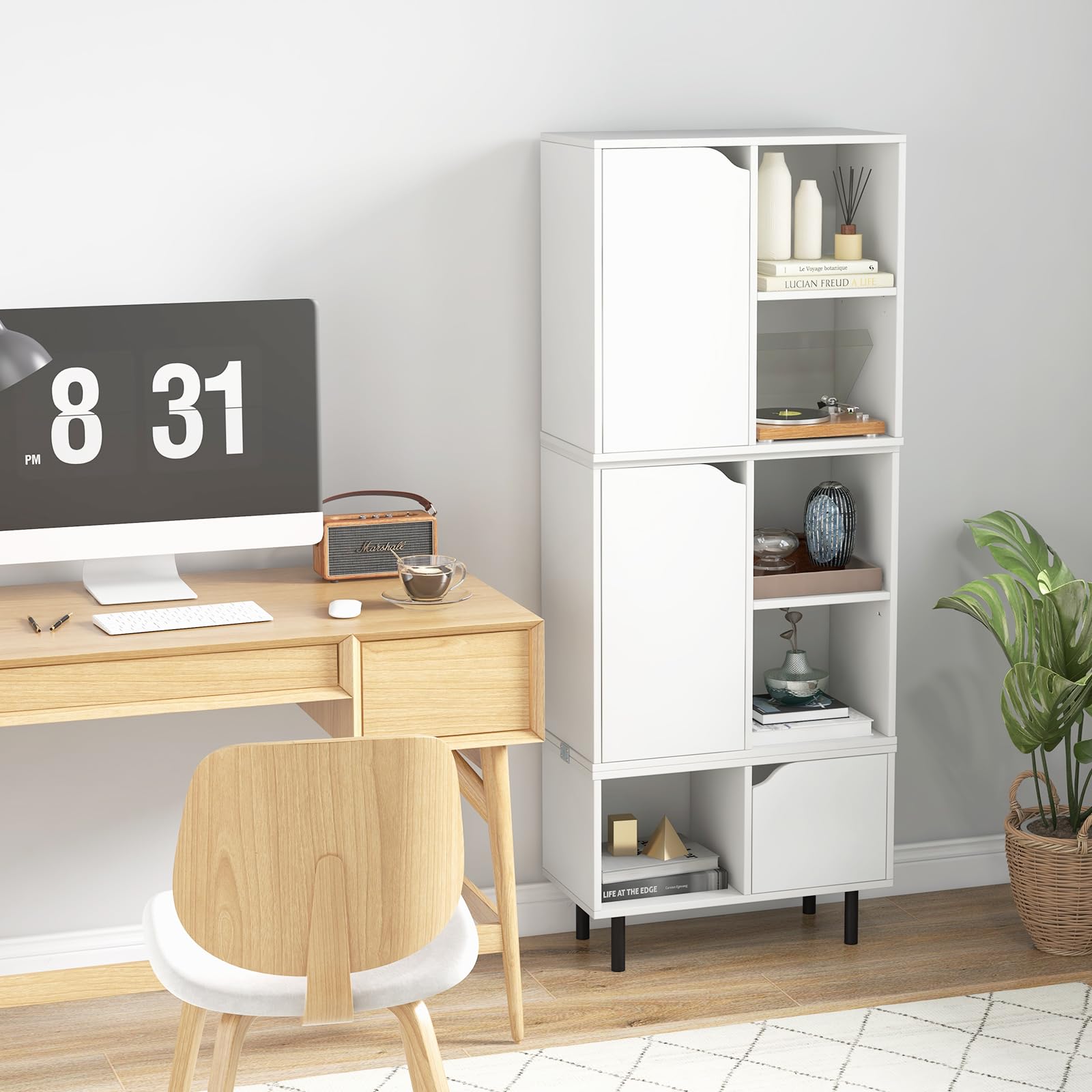 HOMASIS Libreria Scaffale Bianco, Armadio Componibile in Legno, Mobiletto Salvaspazio con 2 Armadietti e 3 Cubi, Libreria Portaoggetti per Soggiorno, Ingresso, Studio, 60 x 30 x 96,5 cm