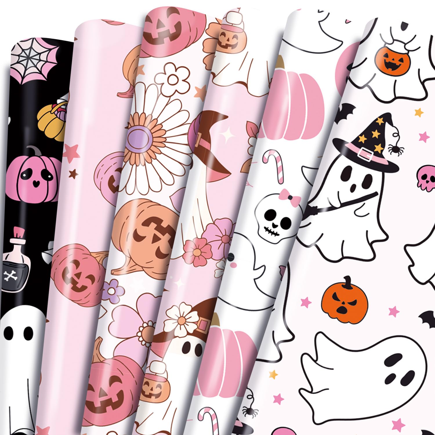 Keluna Pink Halloween Wrapping Paper - 12 Pcs Pink Ghost Pumpkin Skull Art Design Gifts Wrap Paper for Halloween Decorations Birthday Baby Shower Holiday Valentine's Day