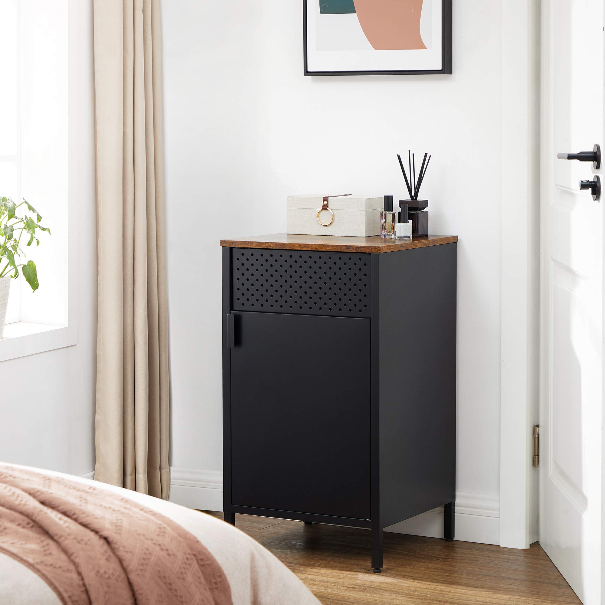 SONGMICS Aufbewahrungsschrank, Metallschrank, mit Doppeltür, Magnetverschluss, Verstellbarer Einlegeboden, Stahlgestell, 40 x 42,5 x 76 cm, vintagebraun-schwarz LSC101B01