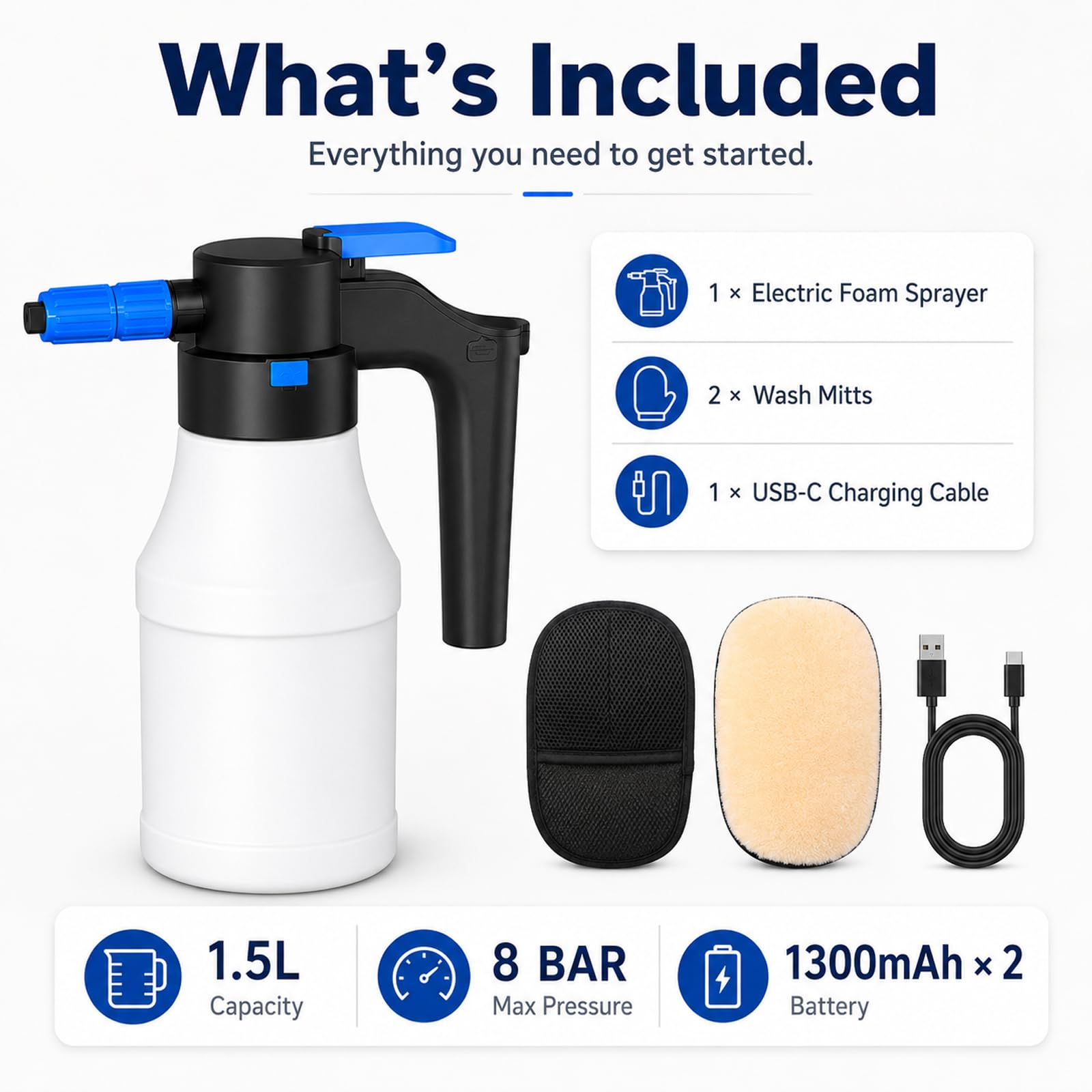 Pulvérisateur À Mousse Électrique 1,5 L, Pulvérisateur De Jardin Électrique À Pression Portatif Rechargeable Par Usb, Paire Gants Lavage Auto Pour Nettoyage Du Jardin,Voiture Et Maison