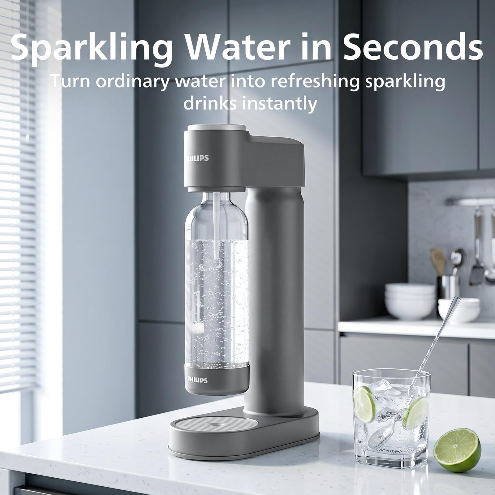 PHILIPS Machine à eau pétillante - Machine à soda - Qick Twist - Avec bouteille de gazéification de 1 l - Machine à eau pétillante Seltzer - Compatible avec n'importe quel gazéificateur de CO2 à