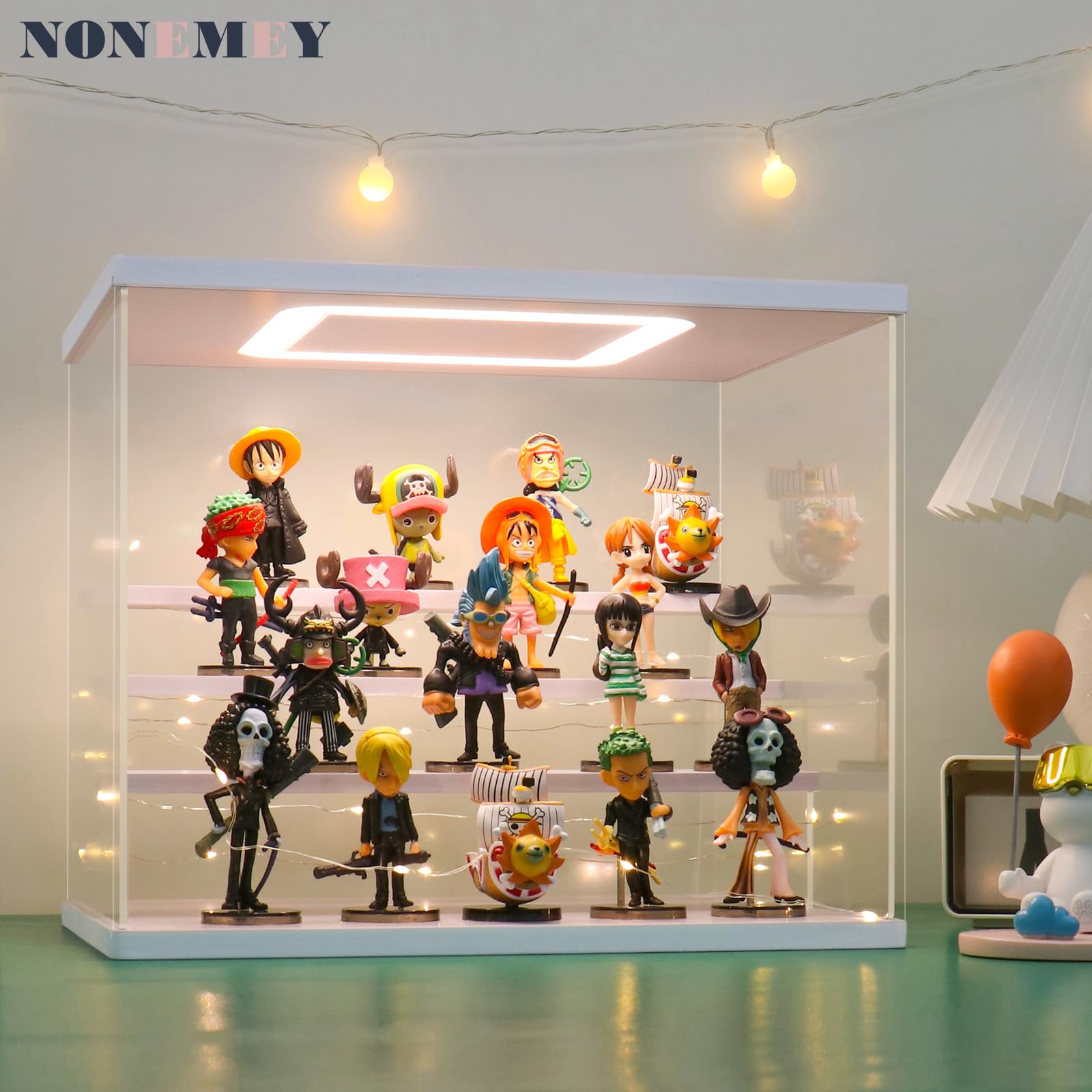 Nonemey Vetrina in Acrilico Trasparente con Luce a Led,2/3/4/5/6 Tier Teca Espositiva di Immagazzinaggio,Organizzatrice Antipolvere Vetrina Espositiva per Collezionismo(Bianco,4Tier-31.5x24.5x26.5 cm)