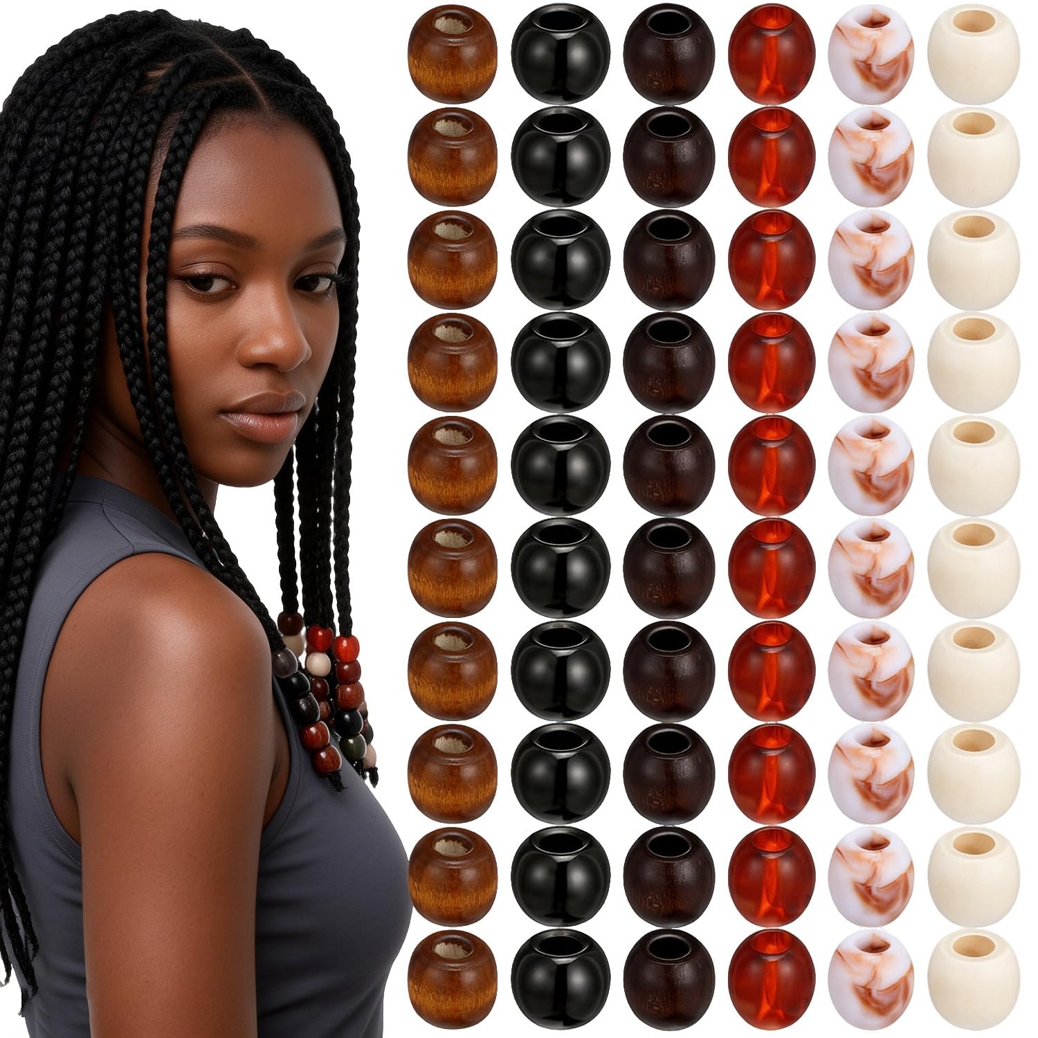 60 Pack Large Hole Hair Beads for Braids, Dreadlocks and DIY Jewellery