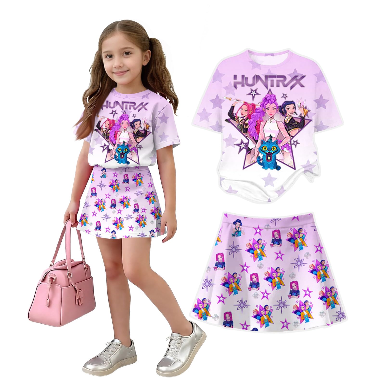 Girls 2-Piece Anime Outfit Set, Short Sleeve Graphic T-Shirt and Printed Skirt Set — view 9