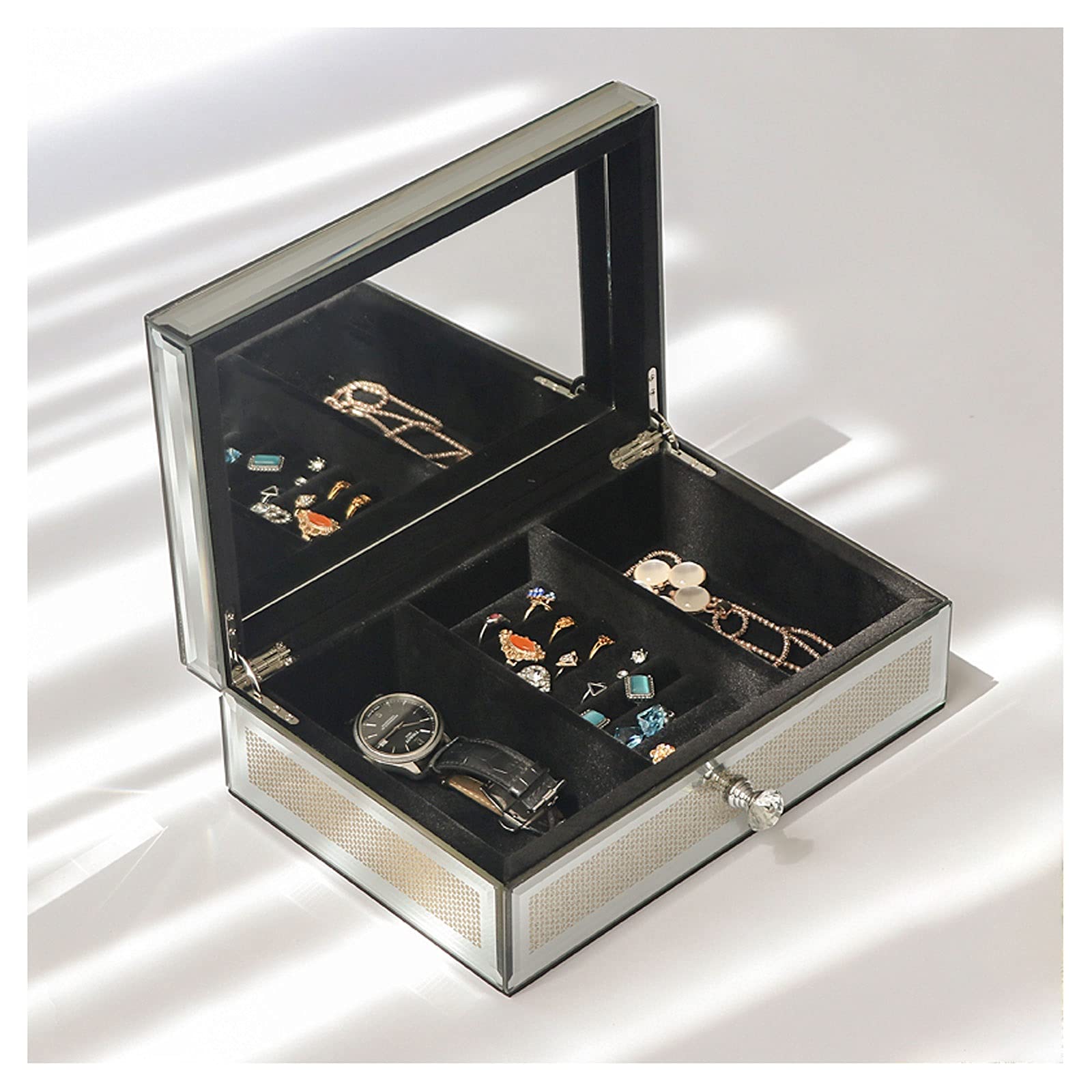 Boîte de rangement de bijoux et cosmétiques avec miroir et compartiments