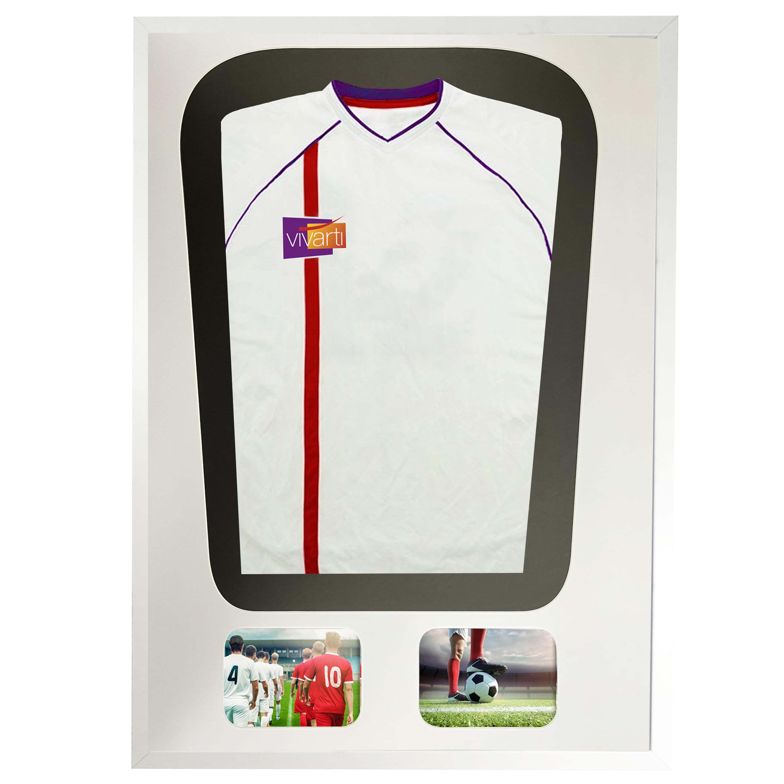 Vivarti DIY Tapered Adult 3D Mounted + Double Aperture Sports Shirt Display Frame for Football Shirt, Band T-Shirt Shadow Box - 61 x 91.5cm - Gloss White Frame, White Mount, Black Backing Card