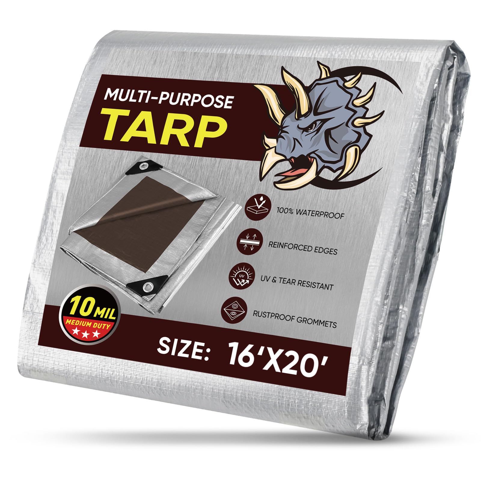 TICONN Heavy Duty Tarp Cover, Extra Thick Tarps Waterproof Tear and Rip Proof UV Resistant Tarpaulin with Reinforced Grommets and Edges (10 Mil, 16'x20')