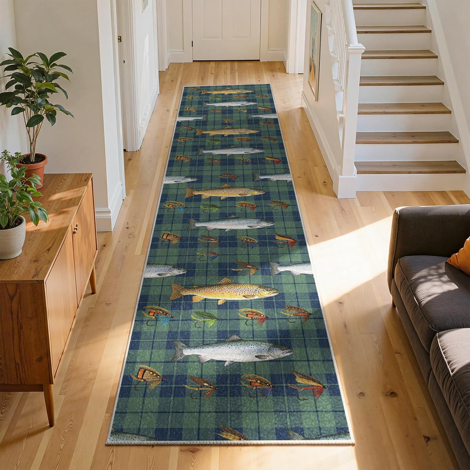 Washable Fish Carpet, 80x150cm Non-Slip Boho Coastal Fish Rug Runner
