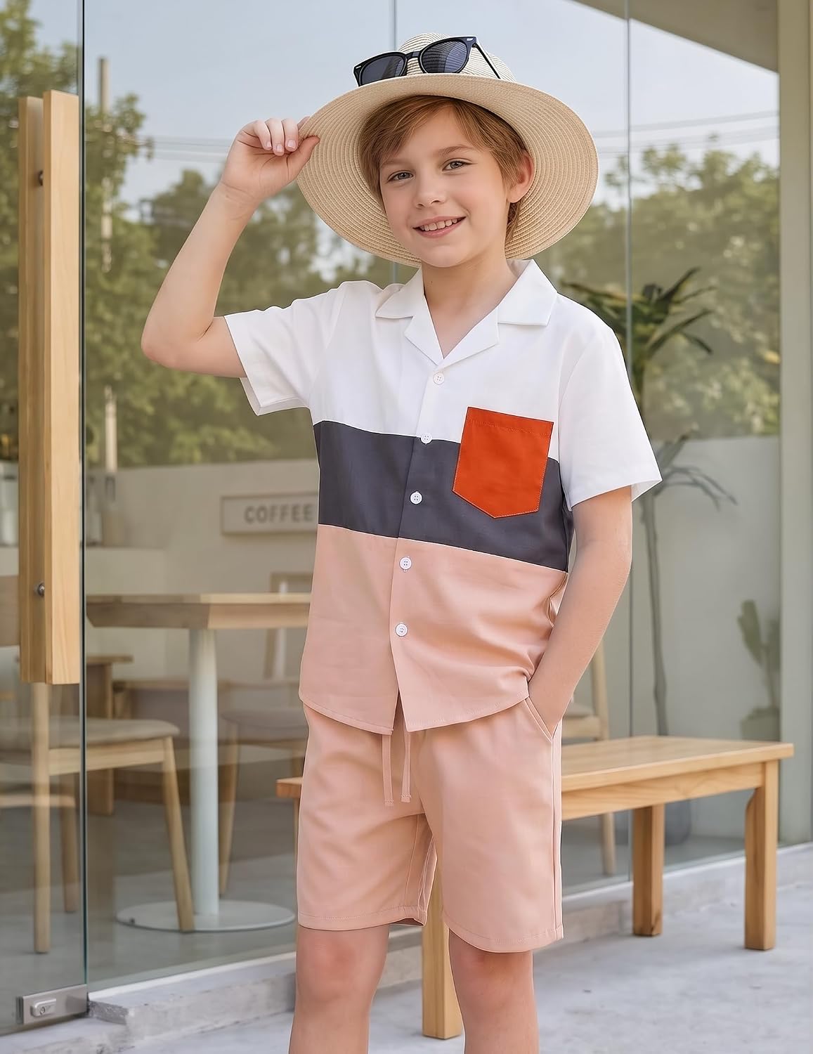 Boys 2 Piece Short Set Color Block Button Down Shirt and Shorts Vacation Clothes Outfit for Kids 7-14 Years