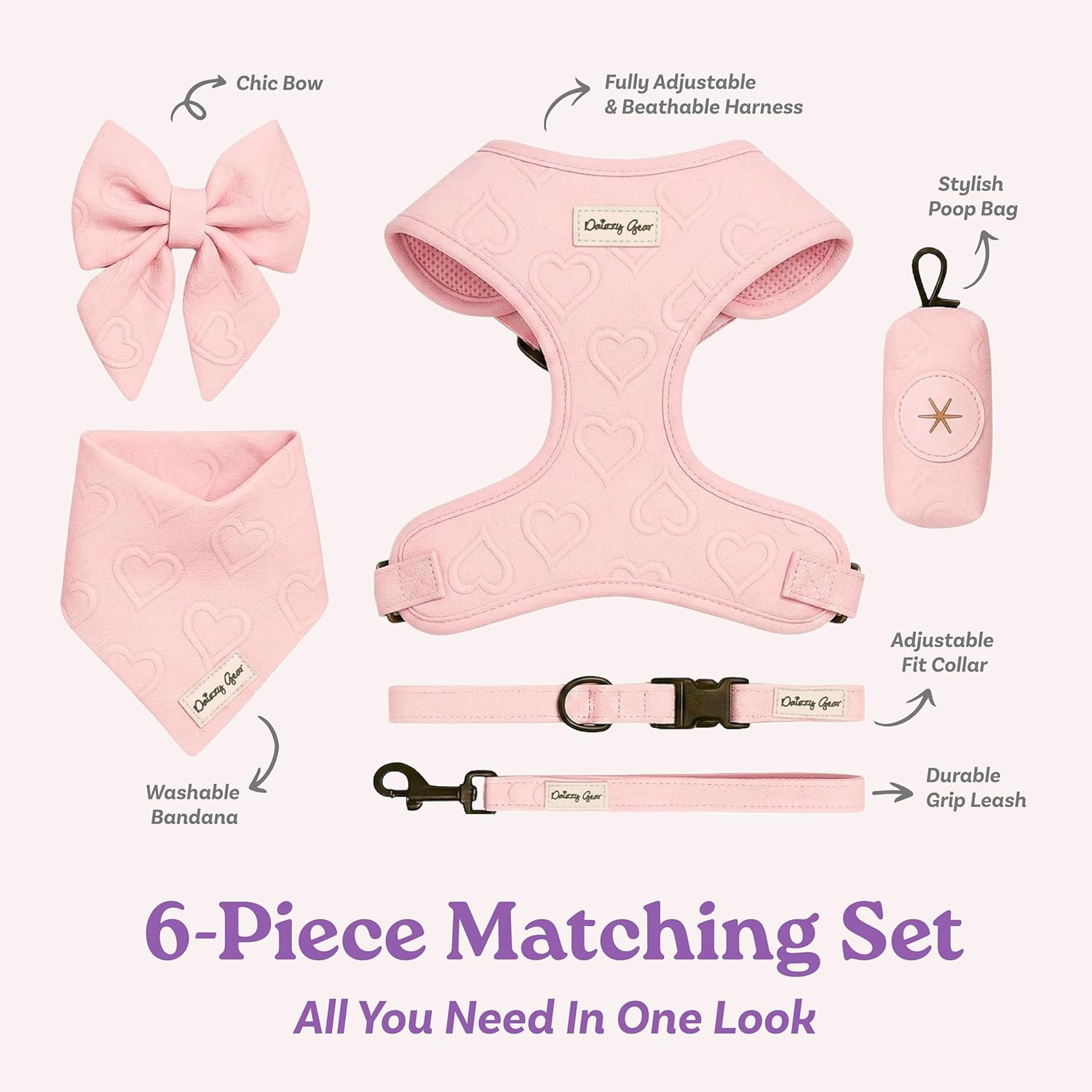 Small Dog Harness Set – Cute No Pull, All Weather, Breathable Harness and Leash Set with Collar, Bandana, Sailor Bow & Poop Bag Holder – Adjustable, Soft & Stylish - Pink Hearts on Jacquard Fabric