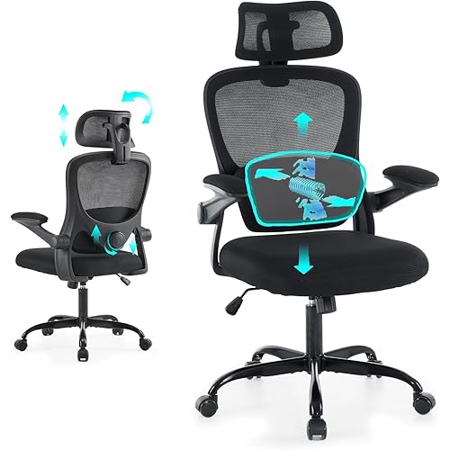 Ergonomic Office Chair with Tilt-Lock, Home Office Desk Chair with Auto Lumbar Support, High Back Mesh Desk Chair with Adjustable Headrest, Swivel Task Chair or Study Room Bedroom,Black