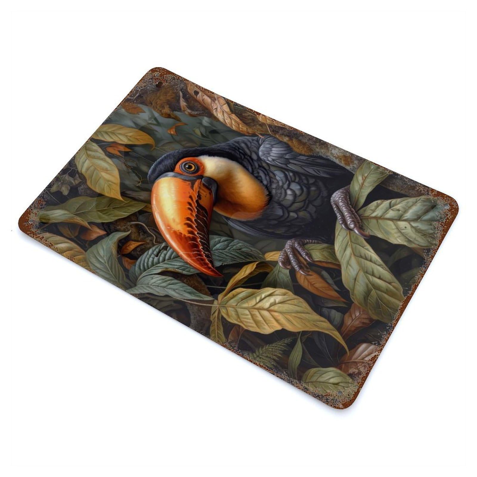 Decorative Tin Sign Toucan in Lush Foliage 11.8"x7.9", Novelty Wall Decor for Shed, Workshop And Garage Wall Decor