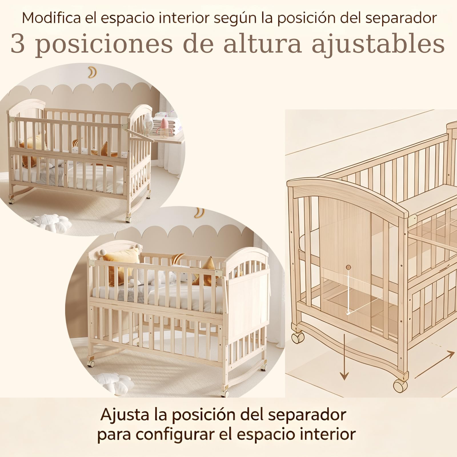 Cuna Bebe con Ruedas Bloqueables, Cuna Colecho con Cambiador, Estante Plegable Extensible, Madera Maciza de Pino, Utilizable como Cama Auxiliar Bebe, 120 x 60 x 95 cm (Extensible 40 cm)