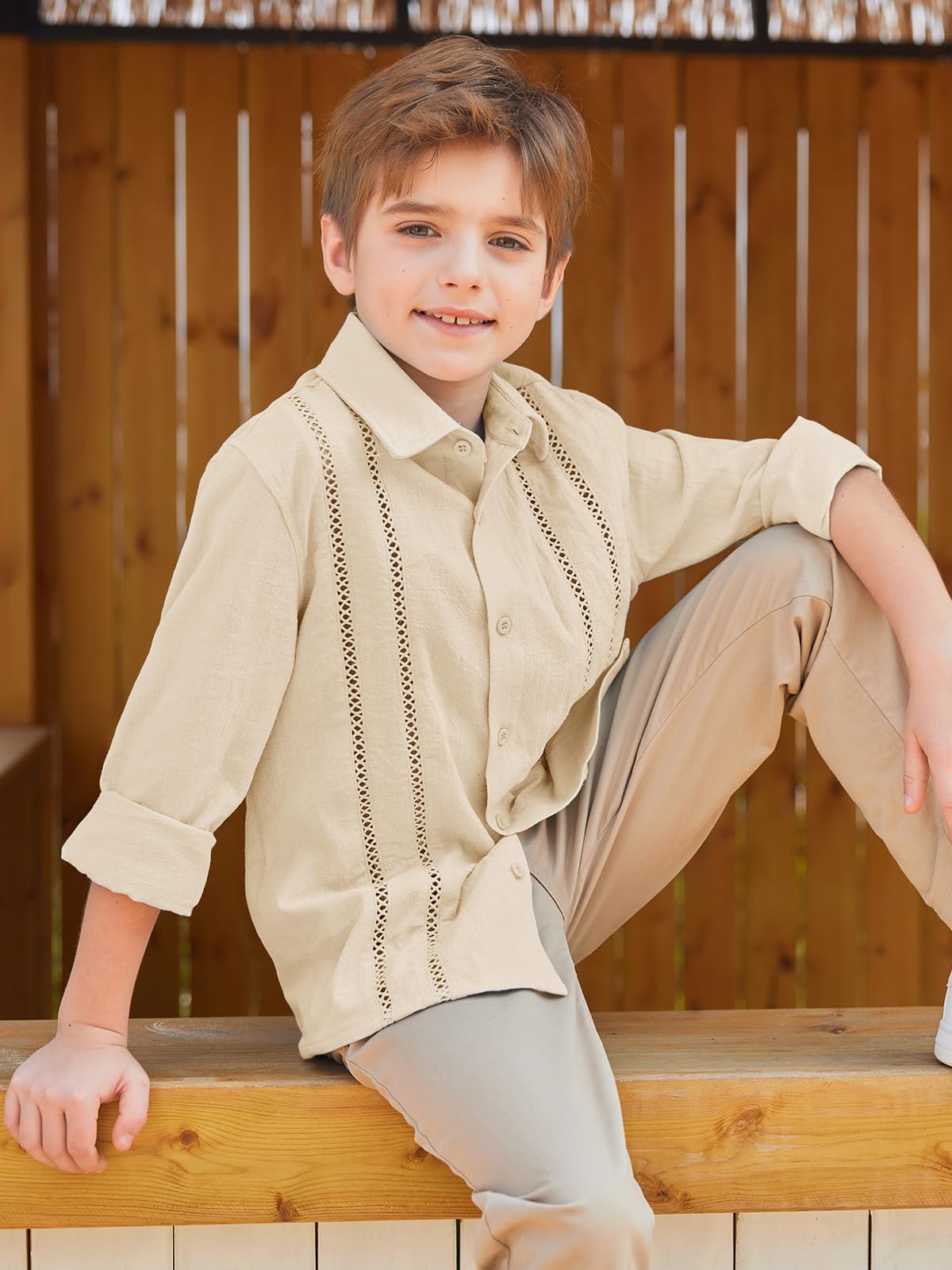 Haloumoning Camisa guayabera cubana para niños de 5 a 14 años