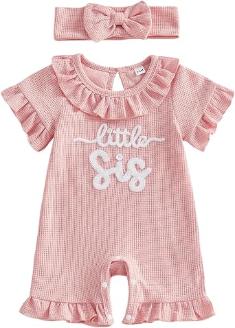 Sejardin Baby Girl Romper Letter Embroidery Newborn Infant Summer Clothes Short Sleeve Ruffle Crew Neck Jumpsuit Headband