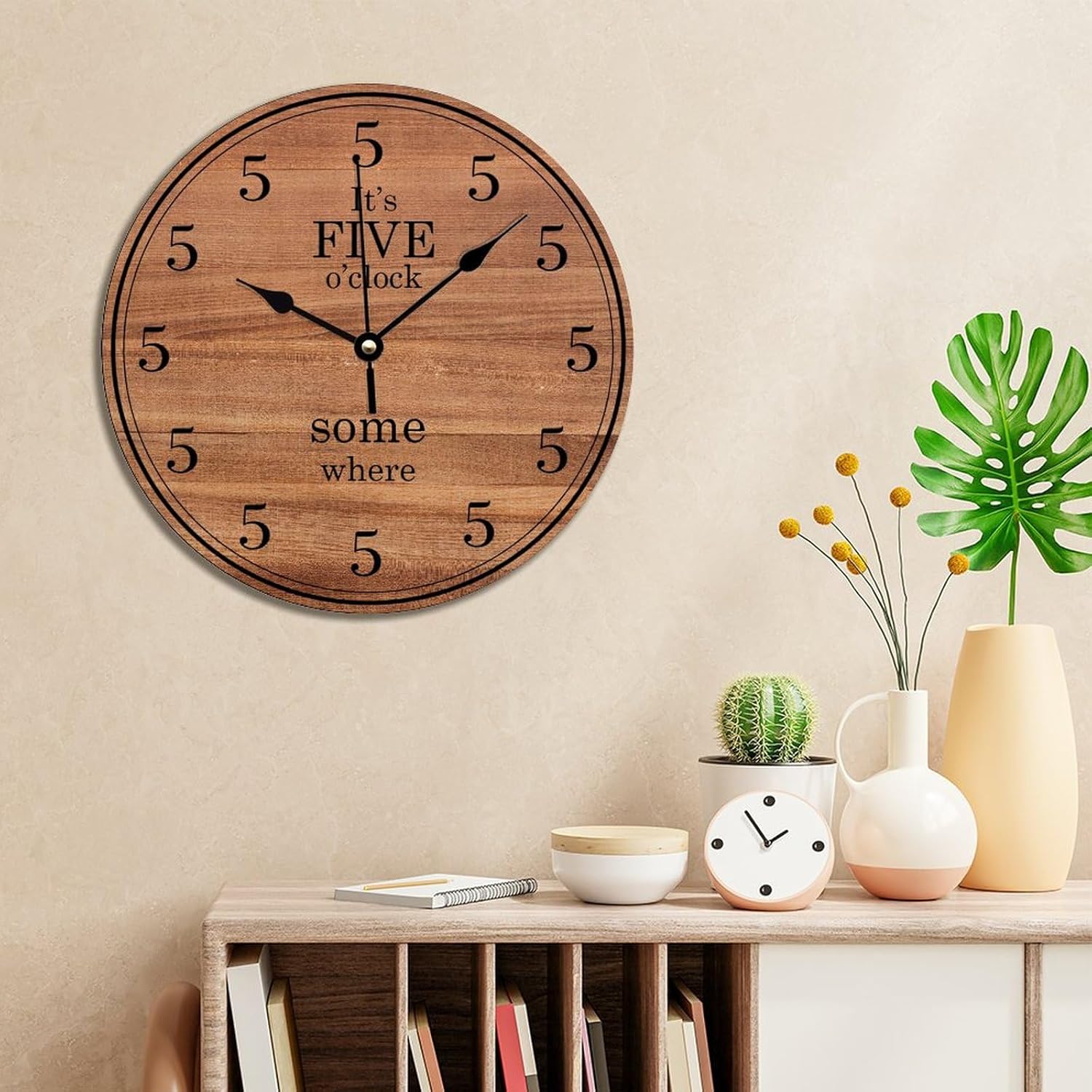 It's Five O'clock Wall Clock 15x15 Inches Farmhouse Kitchen Decor Gifts Farmhouse PVC Wall Clocks Quartz Movement Retro Wall Hanging PVC Clock for Living Room School Kids Room