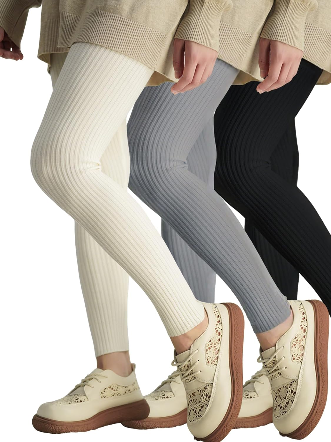 LX7 Ribbed Knit Leggings for Girls, High Elasticity Winter Thermal Tights, Slim Fit Sweater Pants in Black, White, Gray