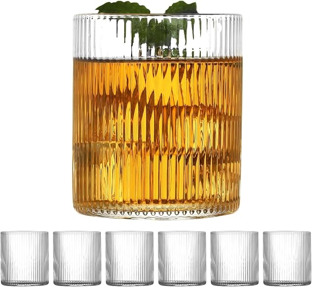 Drinking Glasses Set of 6, 10 oz Ribbed Drinking Glasses, Vintage Glassware Set Cocktail Glass for Water,Beverage,Wine, Cute Glass Cups, Iced Coffee Cup