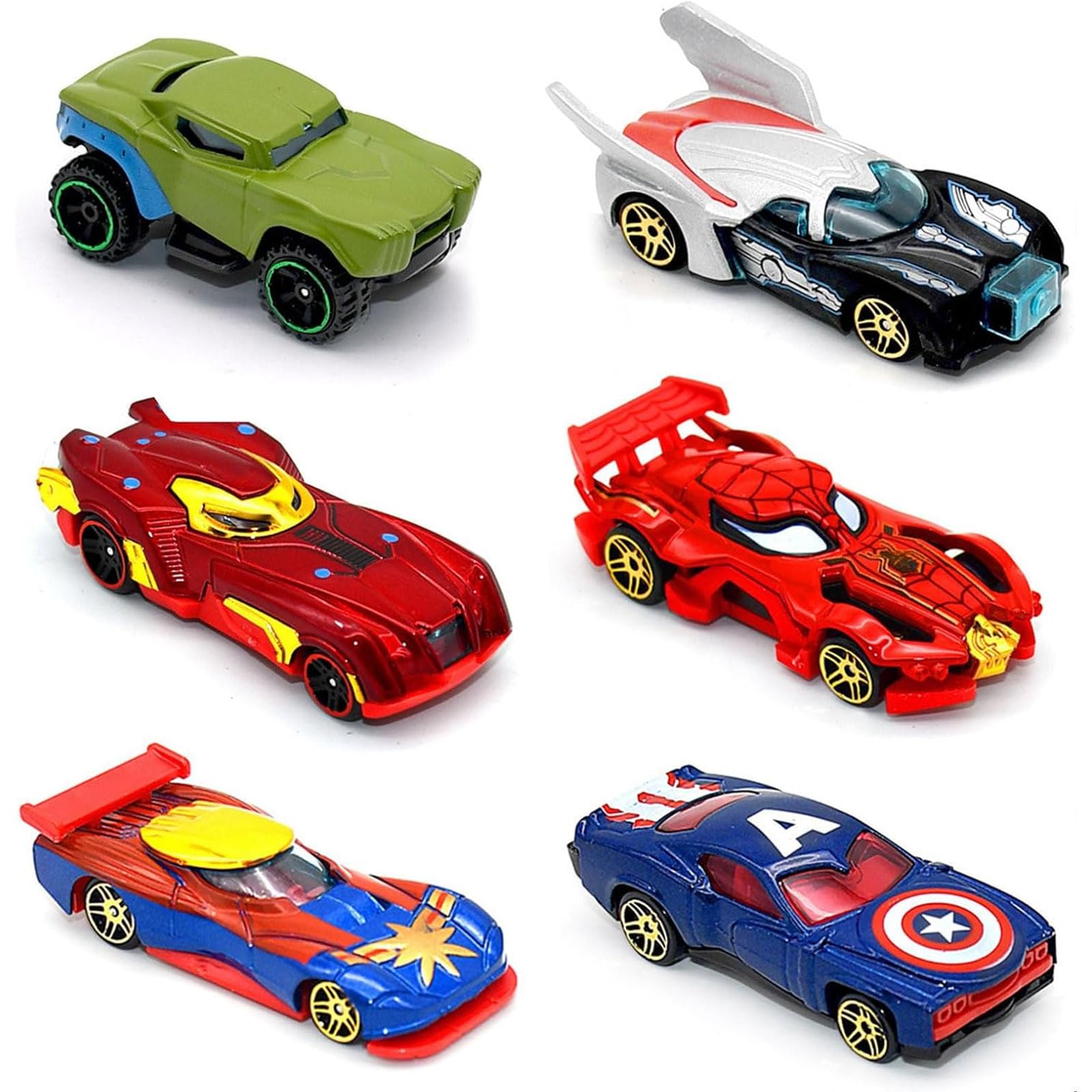 MUNSKT 6PCS Spider Car Avengers Marvel Alloy Car Toys Gift for Fan Kids Ages 4 and Up, Multicolor, 6.3*13*17 inches (16*33*43 cm)