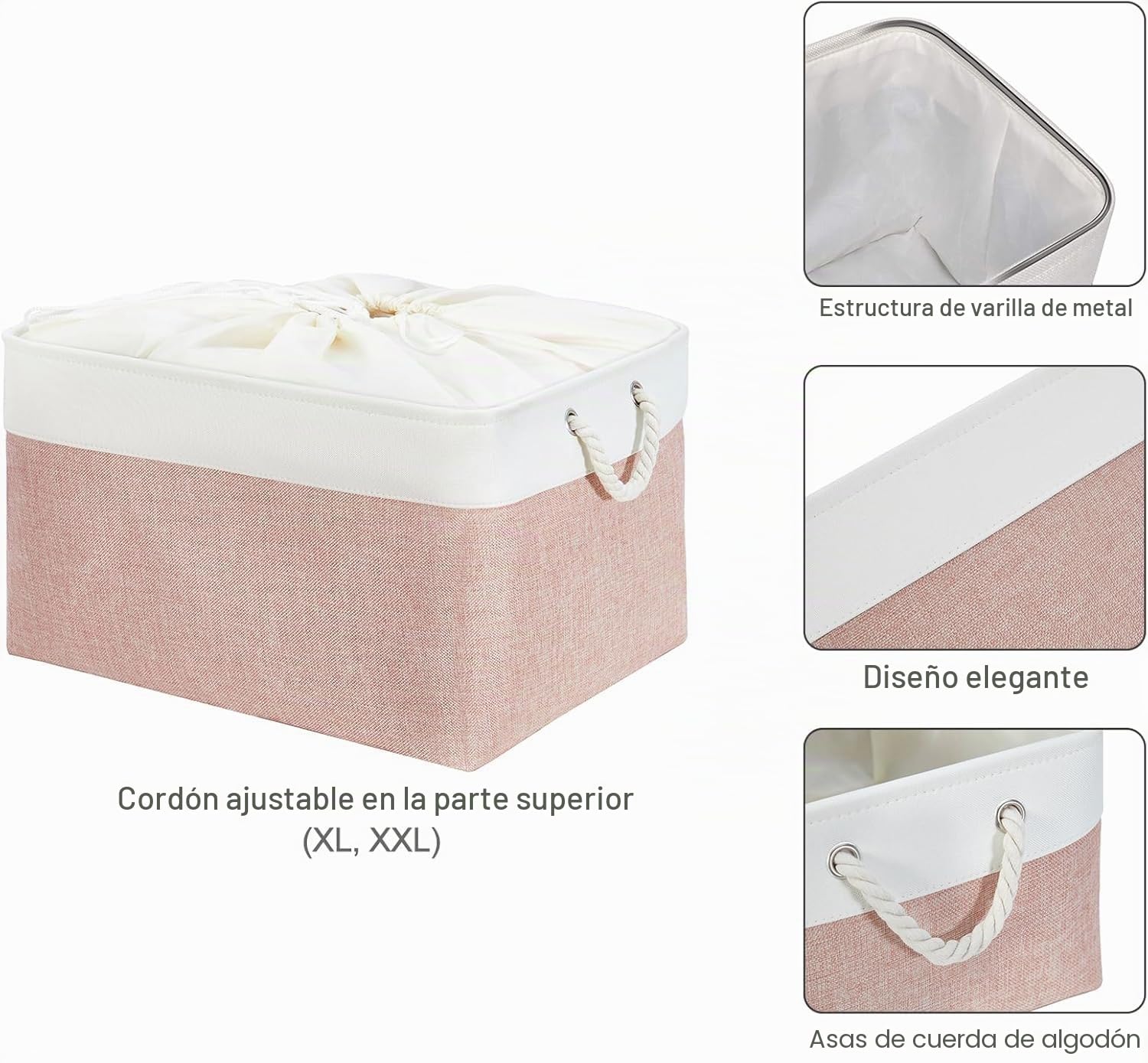 Mangata Cajas de almacenamiento de tela suave, varios tamaños, cestas rectangulares para estantes, armarios, juguetes y ropa, 45 x 35 x 24 cm, rosa y blanco (XL, paquete de 4)
