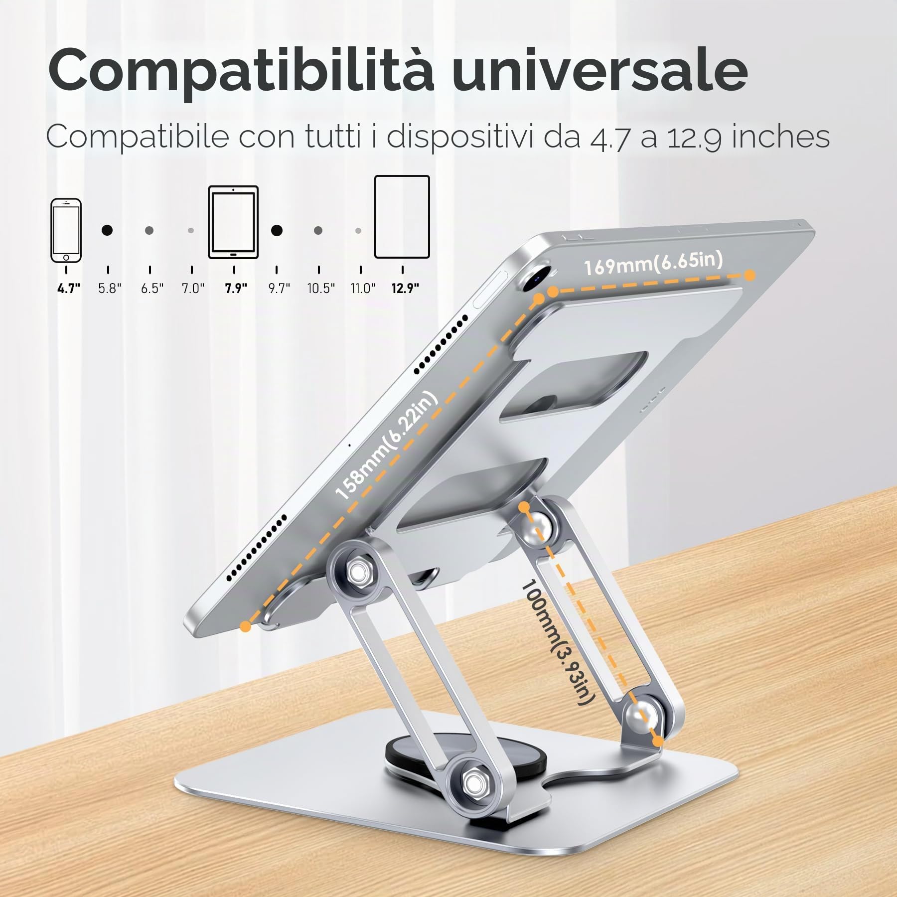 Supporto per iPad, Supporto per Tablet con Rotazione a 360°, Supporto per Monitor Pieghevole in Alluminio per Scrivania Compatibile con iPad Pro 10.5, 11, 13, Air Mini 4 5 6(4-13'')