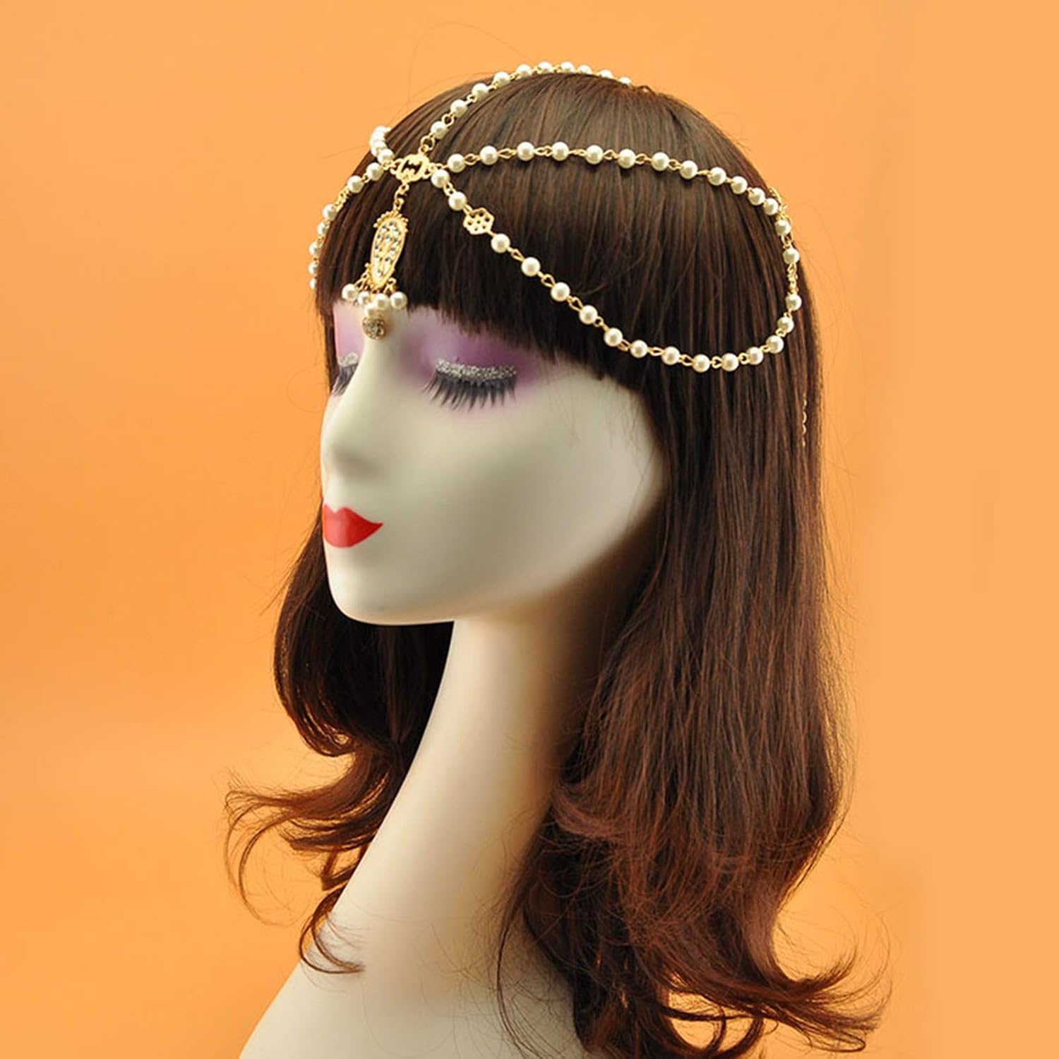 Gold Head Chain Pearl Sequins Rhinestone Headband Crystal Bohemian Hair Bands Halloween Hair Hoop Women Boho Hippie Hairband Party Decoration Cosplay Costume Handmade Headpiece Hair Jewelry 2 Pack image 3
