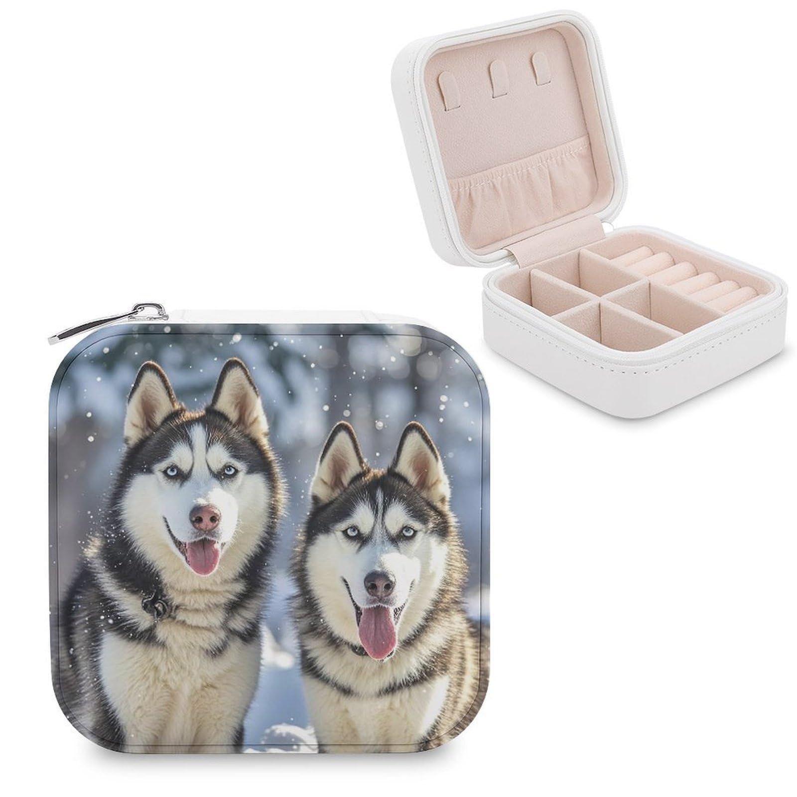 FekiLoot Adorable Huskies Jewelry Case Personalized Leather Jewelry Box Mini Travel Jewelry Case Small Portable Jewelry Organizer for Ring Earrings Necklace Bracelet