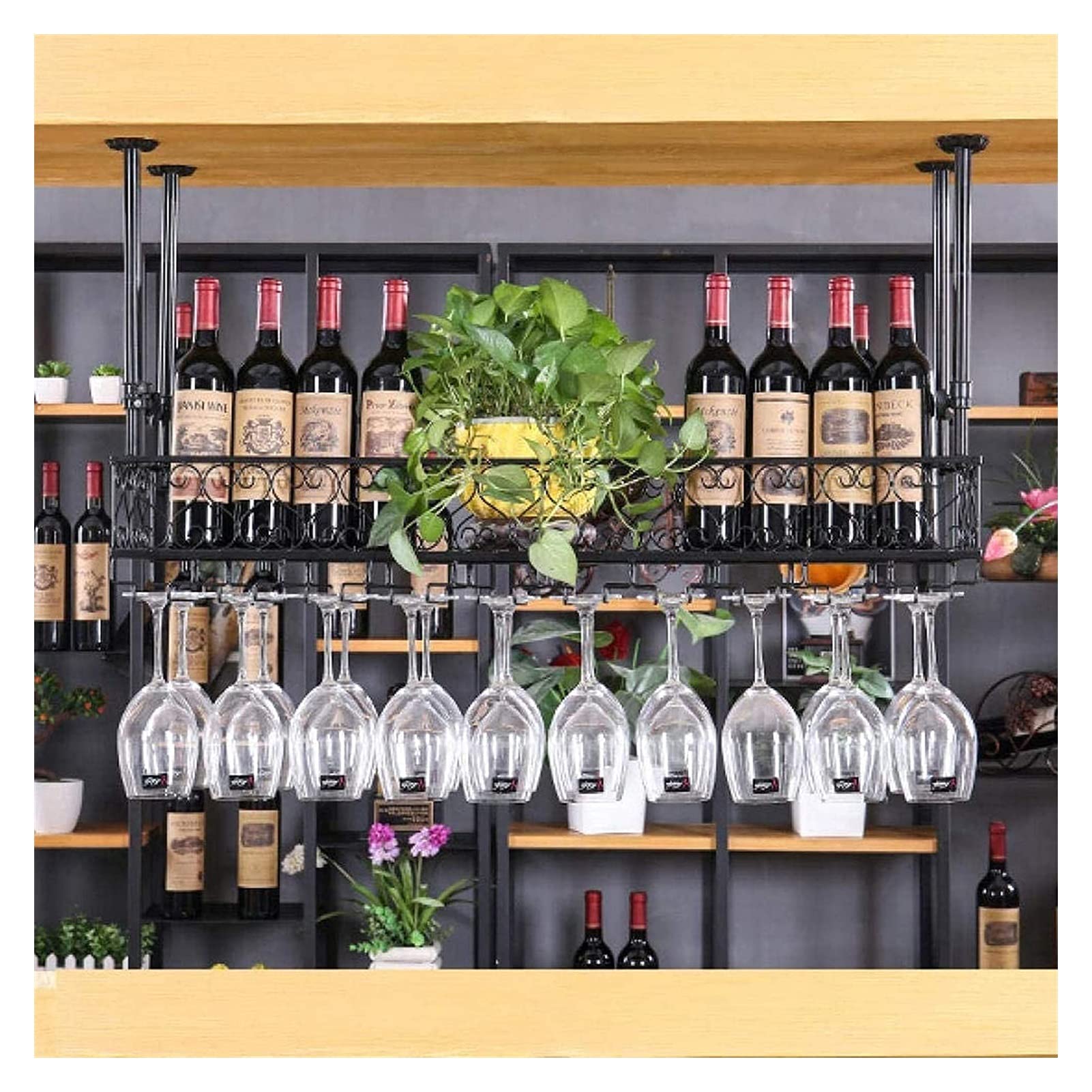 Casier à vin suspendu au plafond vintage avec étagère porte-verres intégrée