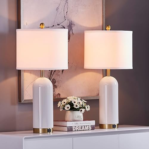 Juego de 2 lámparas de mesa táctiles de 27 pulgadas con puertos USB A+C, lámparas de mesa de cerámica regulables de 3 vías para sala de estar con