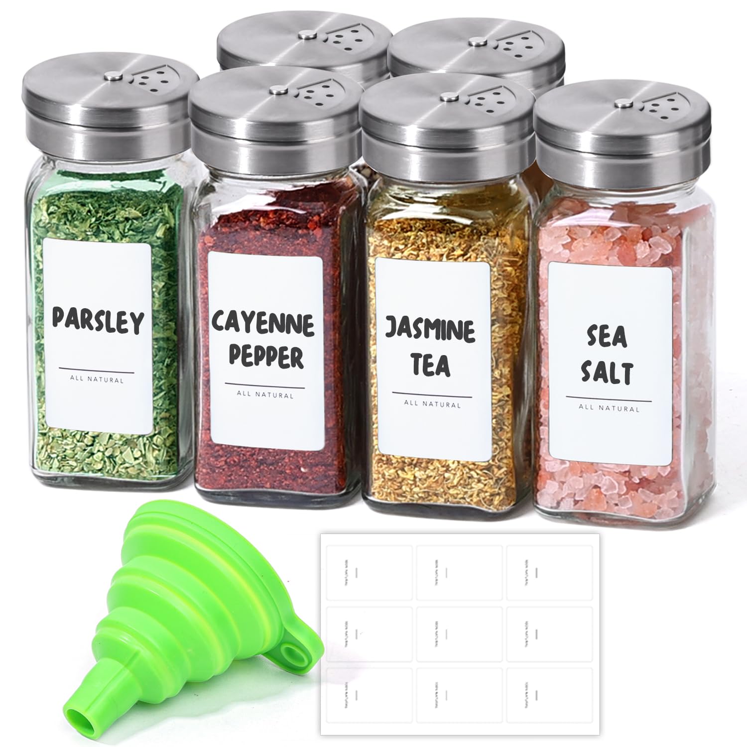 ComSaf Spice Jars with Lids & Labels 6 Pack, 120ml Square Small Glass Spice Containers with Adjustable Stainless Steel Shaker Tops & Funnel, Herb Jars Seasoning Jars for Rack, Drawer, Organiser