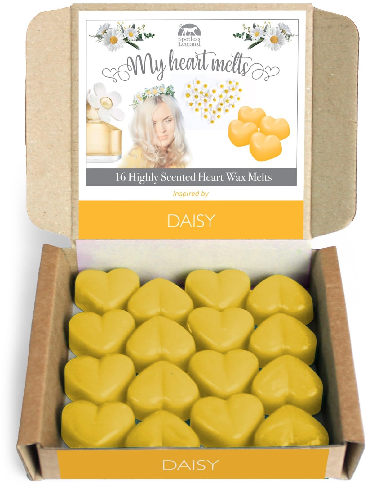 Daisy Wax Melts - 16 x 5g Heart Shaped Strong Daisy Perfume Wax Melts, Spotless Leopard Scented Candles Gift - Made in UK