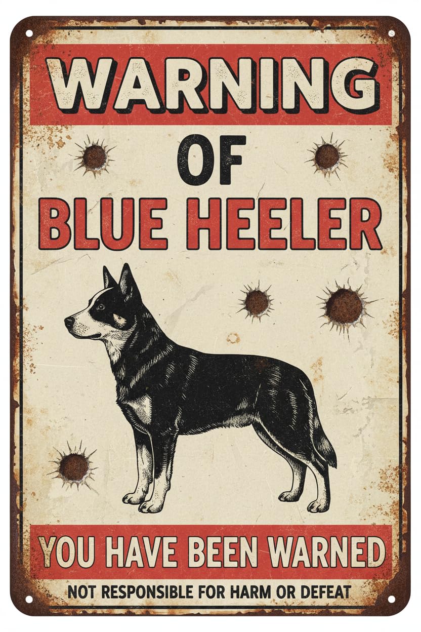 Beware Of Blue Heeler Warning Tin Sign, 12x8 Inch