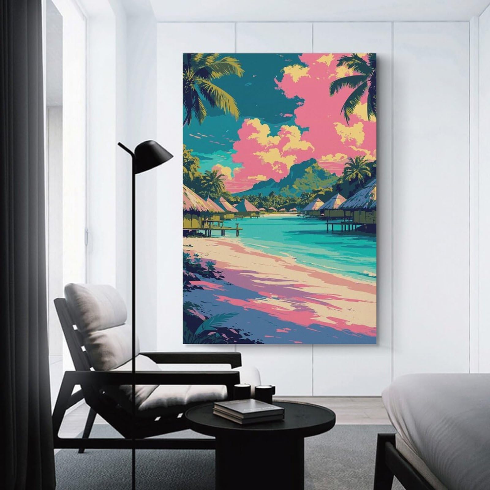 Junmoney Tropical Beach with Bungalows And Palms Home Decor Wall Art 20x30inch(50x75cm), for Living Room, Bedroom Or Home Office, Decorative Present for New Homes