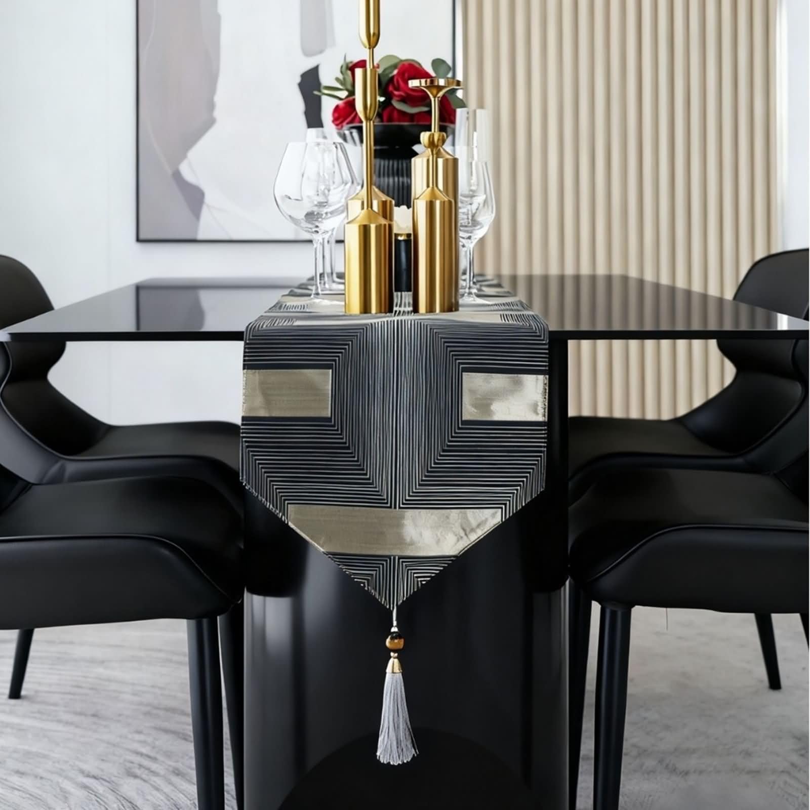 Chemin de Table Gris Noir Géométrique,Polyester,33x160cm