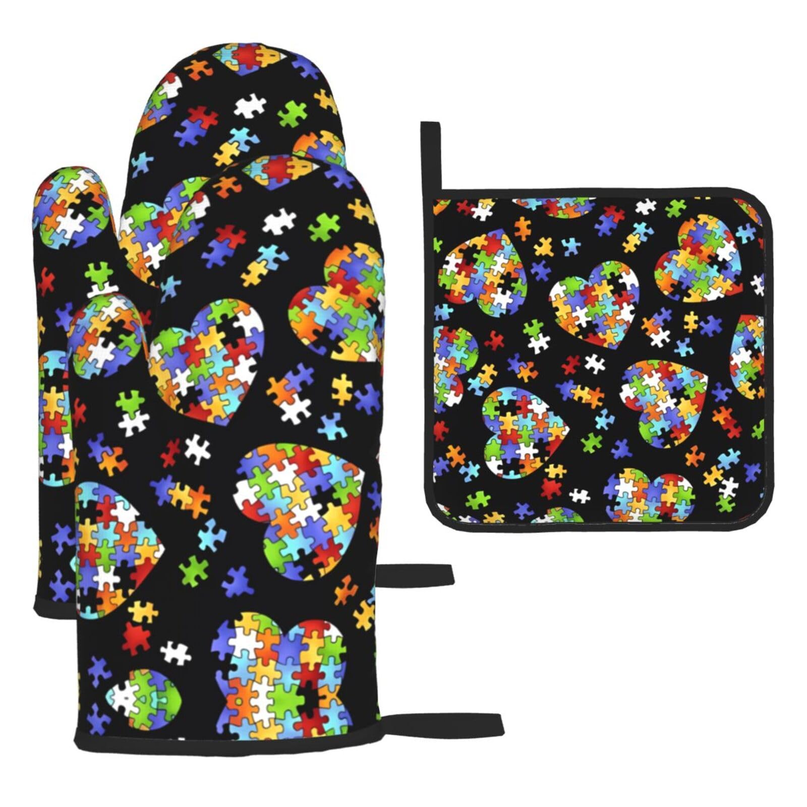 Autism Awareness Puzzle Pieces Heart 3-Piece Oven Mitt Set - Printed Heat Resistant Gloves with Pot Holder Mat for Cooking Baking BBQ Grill - Polyester Kitchen Accessories