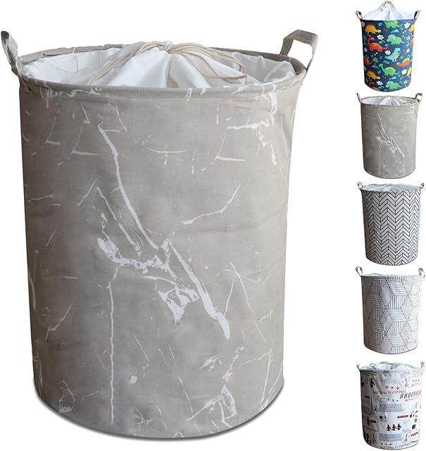 Large Laundry Basket 19.7 Inch Storage Basket Hamper with Lid Collapsible Drawstring Clothes Washing Basket with Handle,Foldable Bathroom Bedroom Storage for Clothes Toys Towels (Grey Marble)