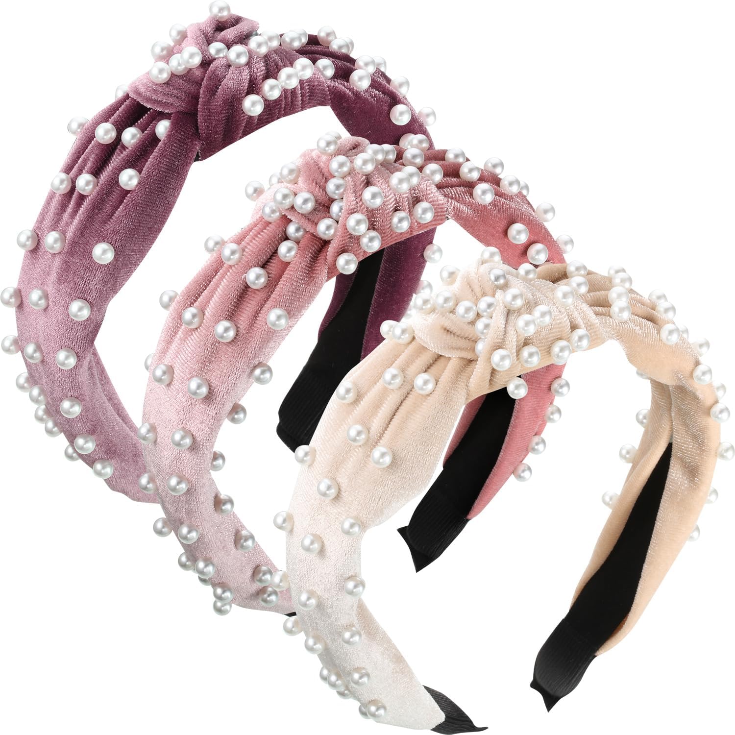 WILLBOND 3 Pieces Pearls Headband Knotted Headband for Women Retro Velvet Pearls Hair Ornament Set for Woman Hair Accessories Mother's Day Wedding Gifts(Beige, Pink, Pale Mauve)